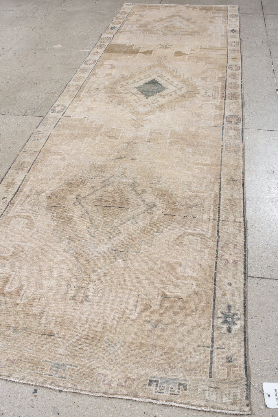3' x 11' one-of-a-kind handmade antique Anatolian runner rug. Color palette: ivory, beige, taupe, sand, pale blue, greige