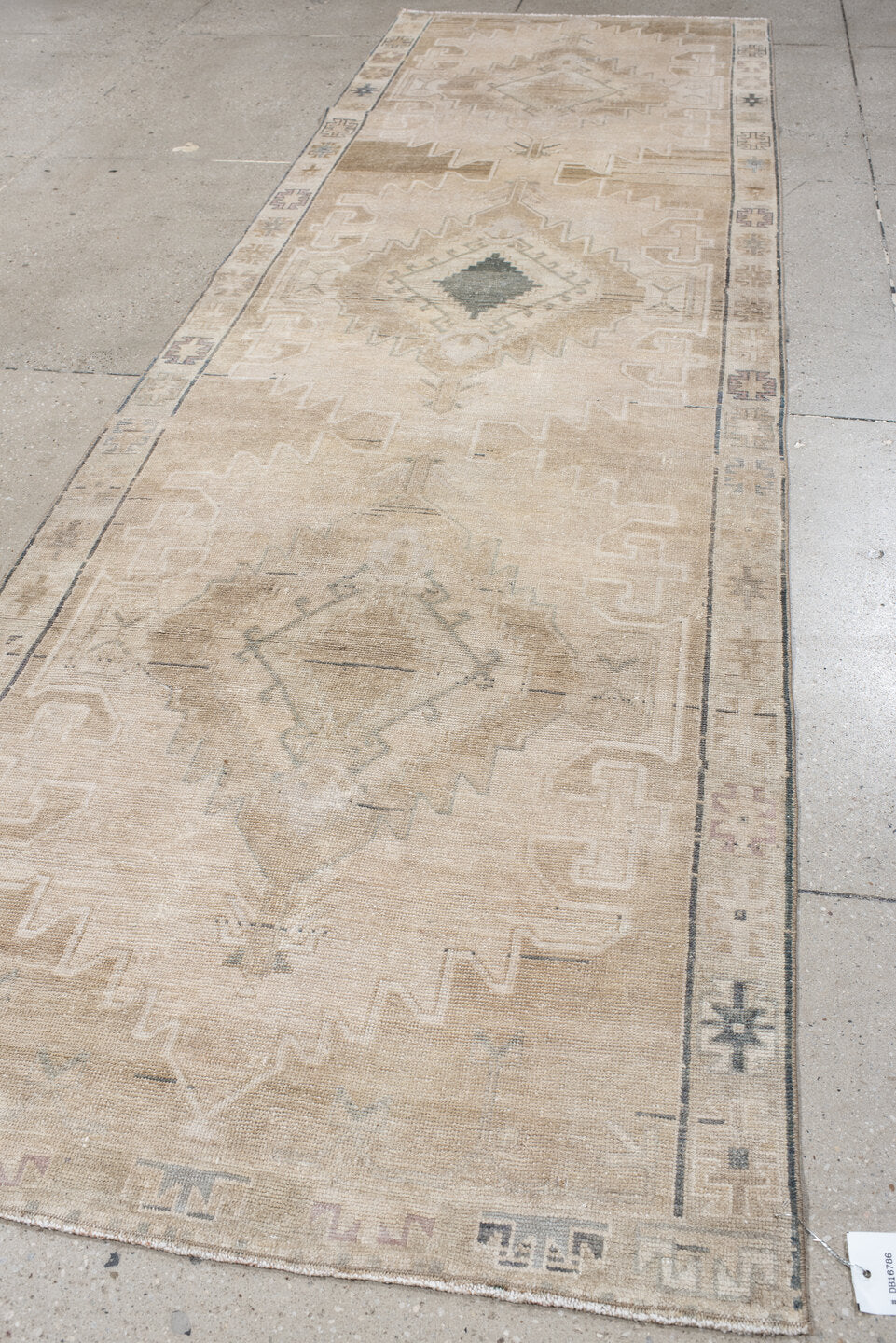 3' x 11' one-of-a-kind handmade antique Anatolian runner rug. Color palette: ivory, beige, taupe, sand, pale blue, greige
