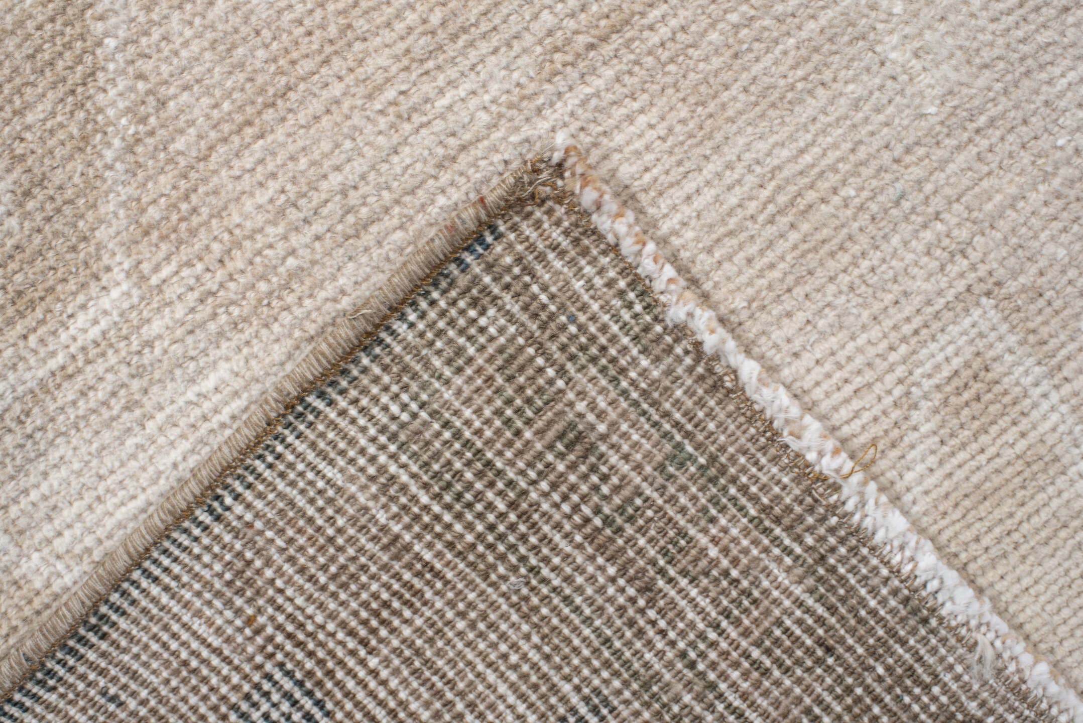 3' x 11' one-of-a-kind handmade antique Anatolian runner rug. Color palette: ivory, beige, taupe, sand, pale blue, greige