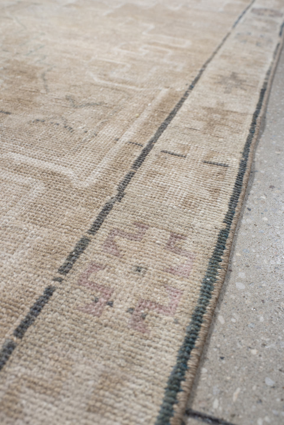 3' x 11' one-of-a-kind handmade antique Anatolian runner rug. Color palette: ivory, beige, taupe, sand, pale blue, greige