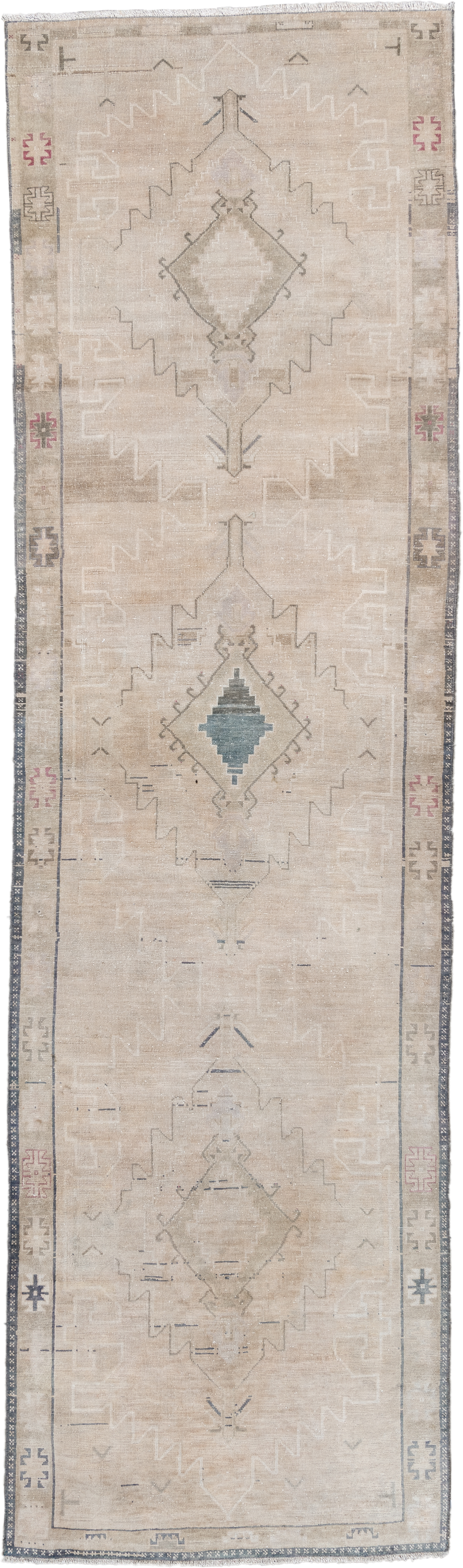 3' x 11' one-of-a-kind handmade antique Anatolian runner rug. Color palette: ivory, beige, taupe, slate, muted blue, blush