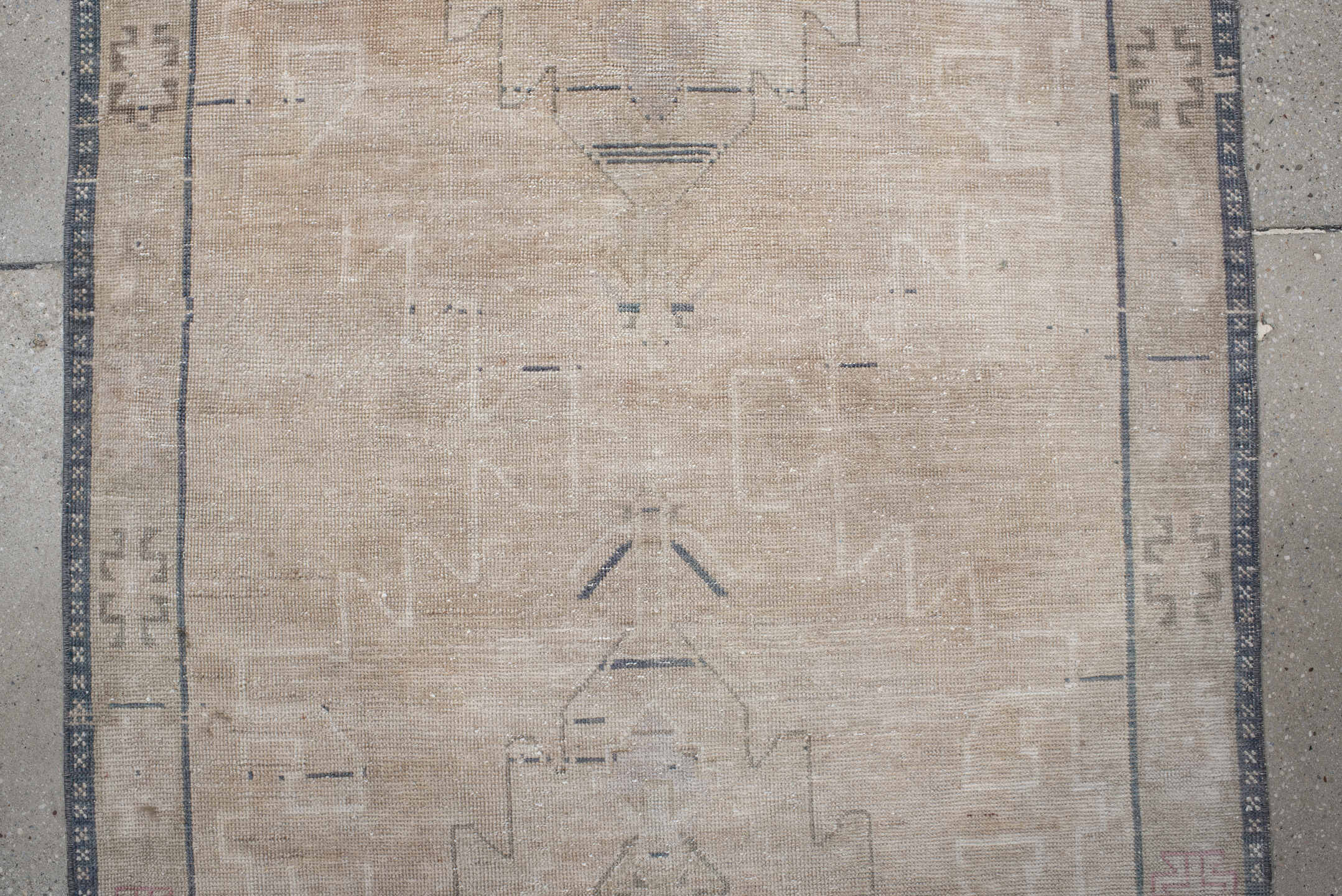 3' x 11' one-of-a-kind handmade antique Anatolian runner rug. Color palette: ivory, beige, taupe, slate, muted blue, blush
