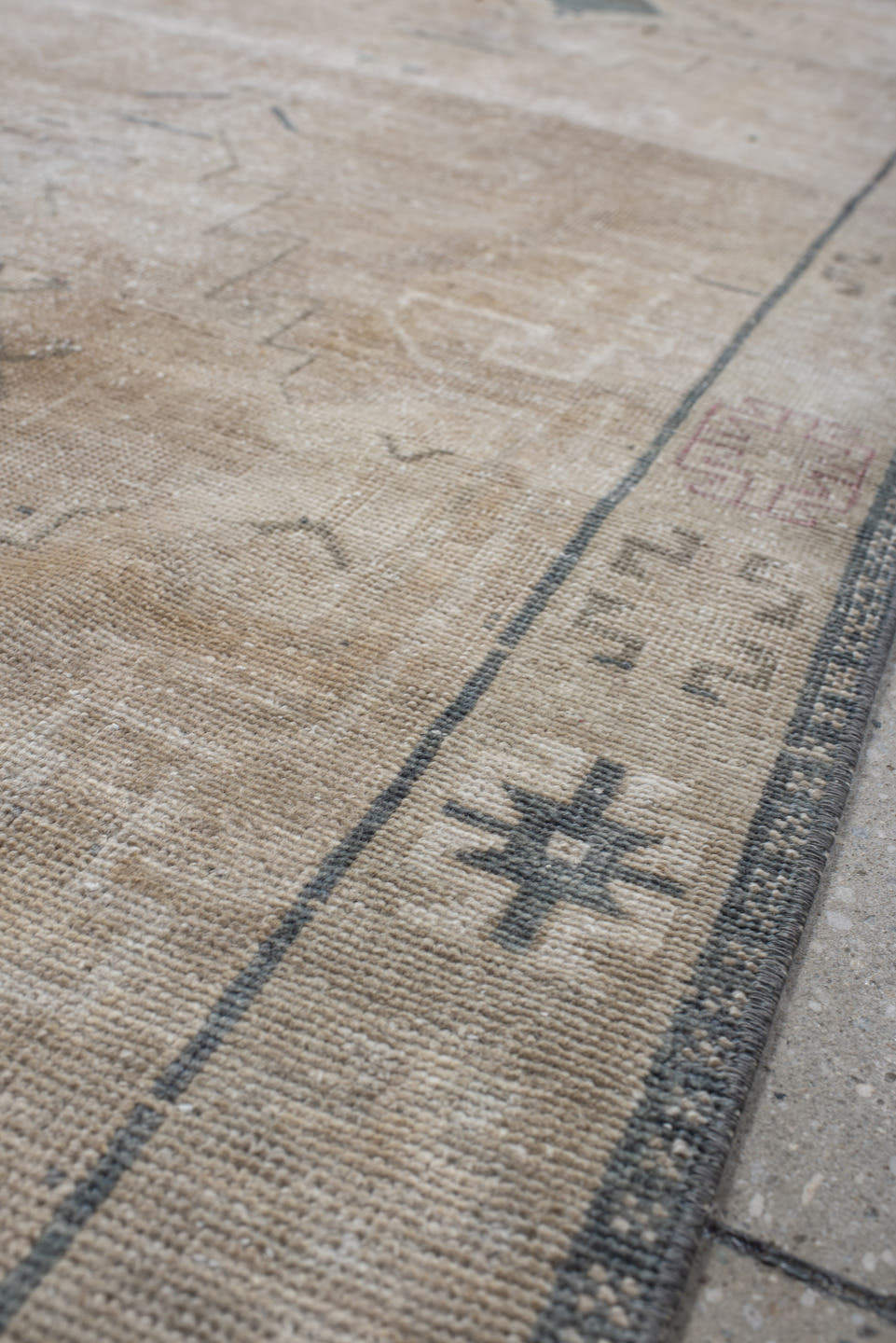 3' x 11' one-of-a-kind handmade antique Anatolian runner rug. Color palette: ivory, beige, taupe, slate, muted blue, blush