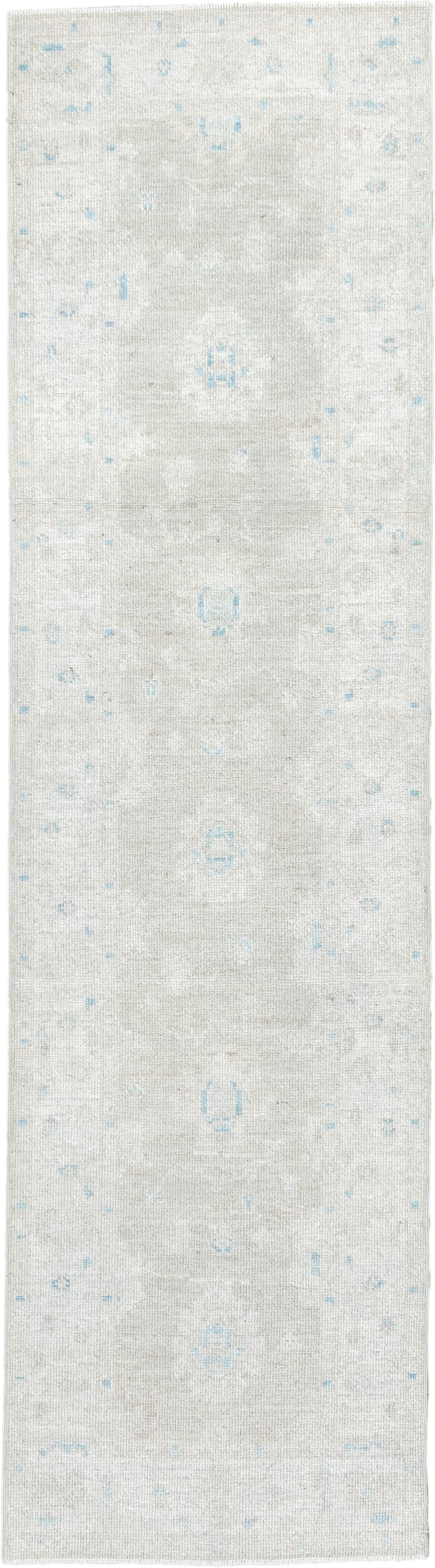 3' x 11' one-of-a-kind handmade antique Oushak runner rug. Color palette: ivory, pale blue, cream, taupe, light blue, beige