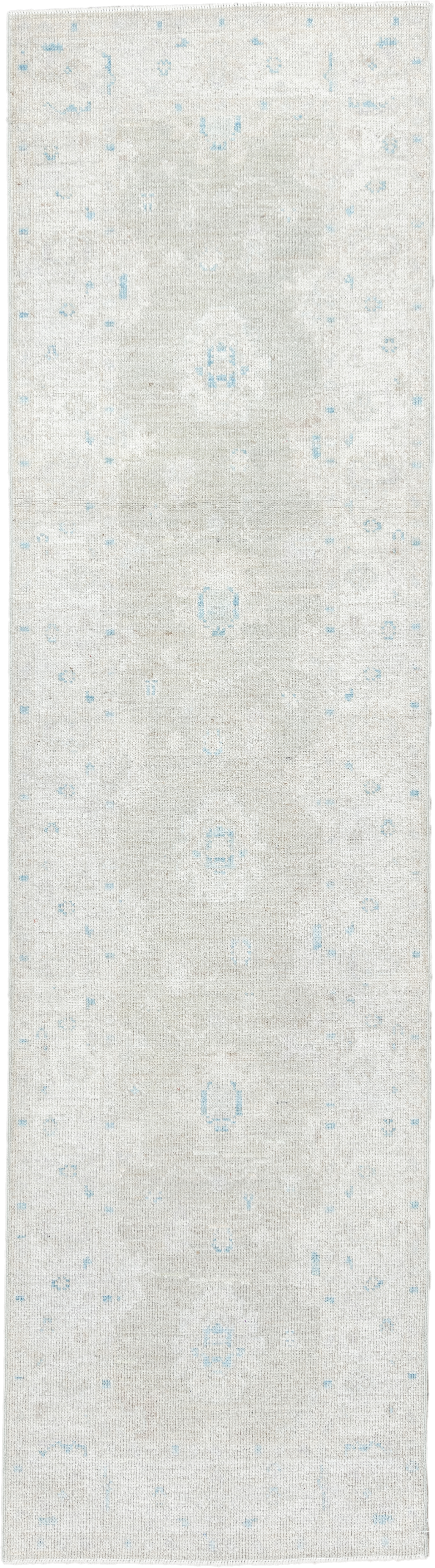 3' x 11' one-of-a-kind handmade antique Oushak runner rug. Color palette: ivory, pale blue, cream, taupe, light blue, beige