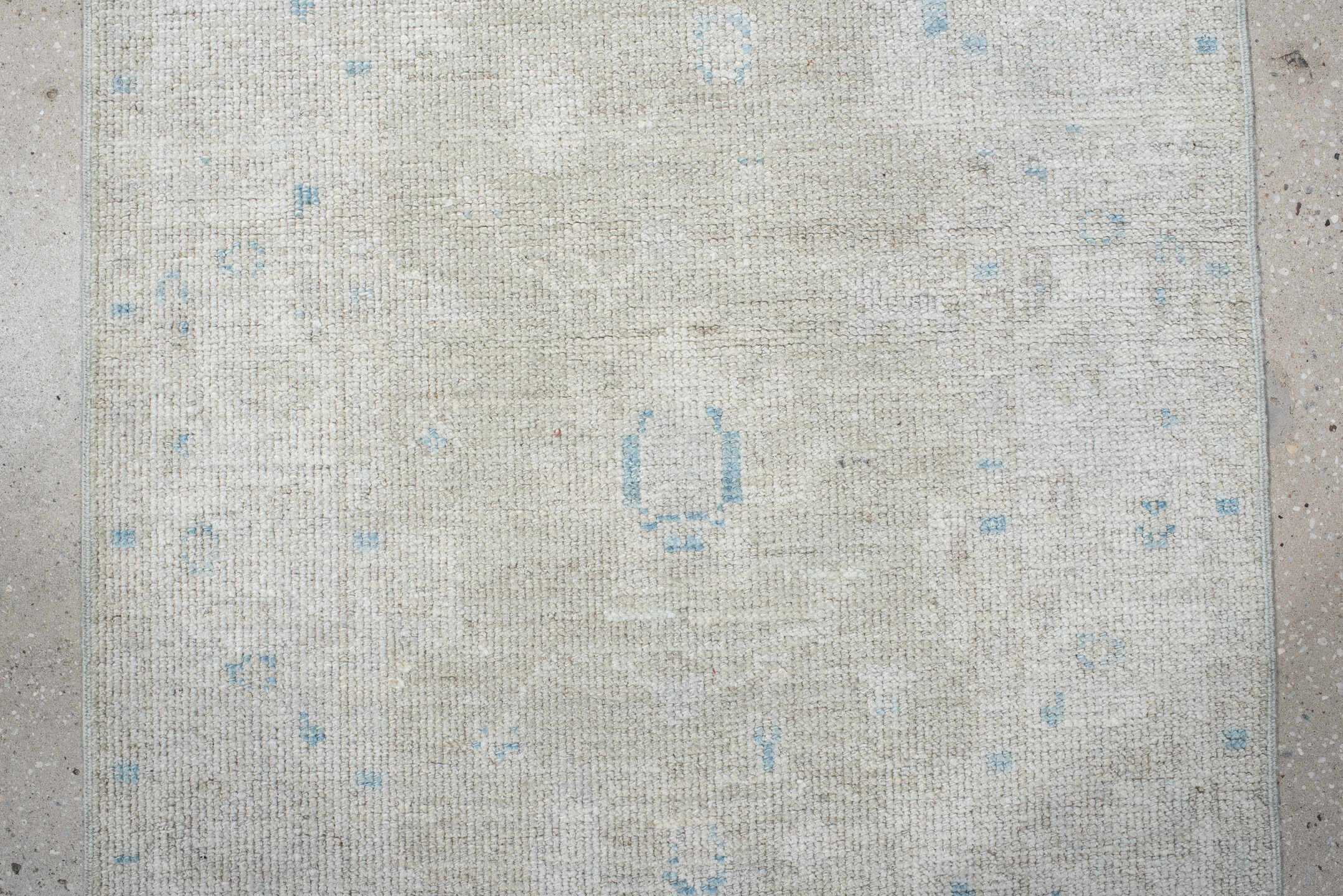 3' x 11' one-of-a-kind handmade antique Oushak runner rug. Color palette: ivory, pale blue, cream, taupe, light blue, beige