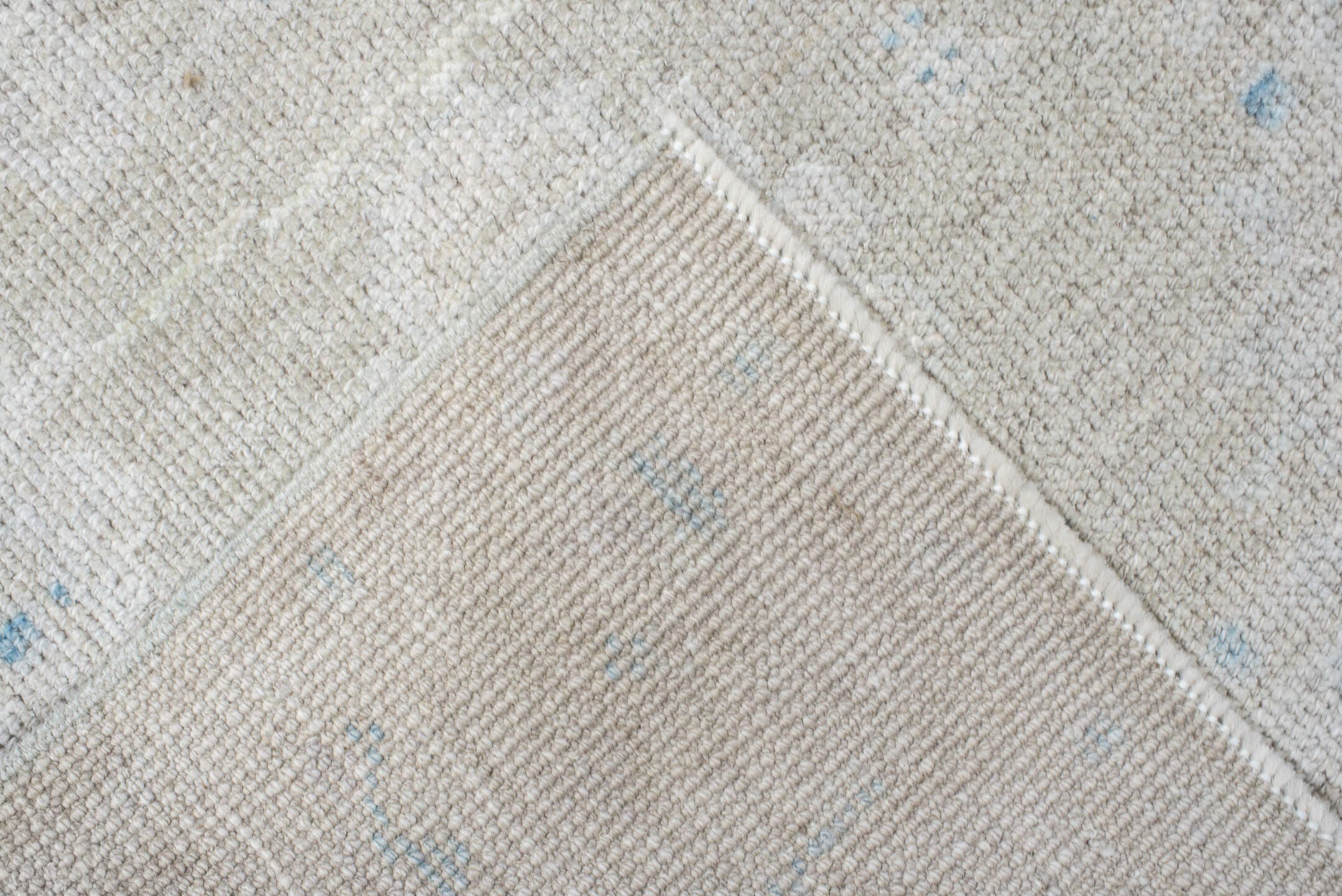 3' x 11' one-of-a-kind handmade antique Oushak runner rug. Color palette: ivory, pale blue, cream, taupe, light blue, beige