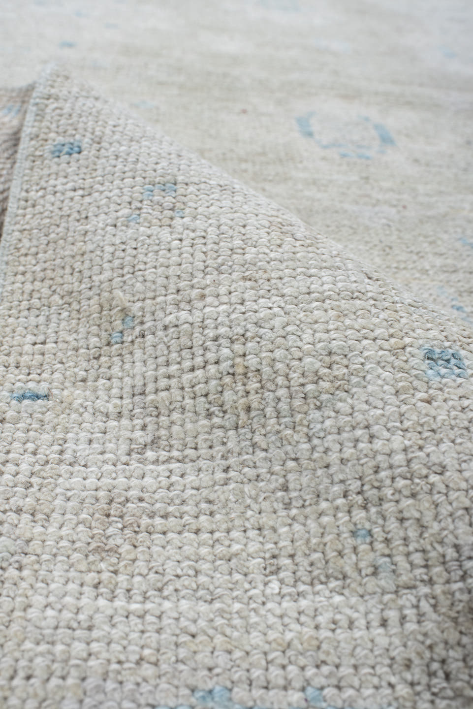 3' x 11' one-of-a-kind handmade antique Oushak runner rug. Color palette: ivory, pale blue, cream, taupe, light blue, beige
