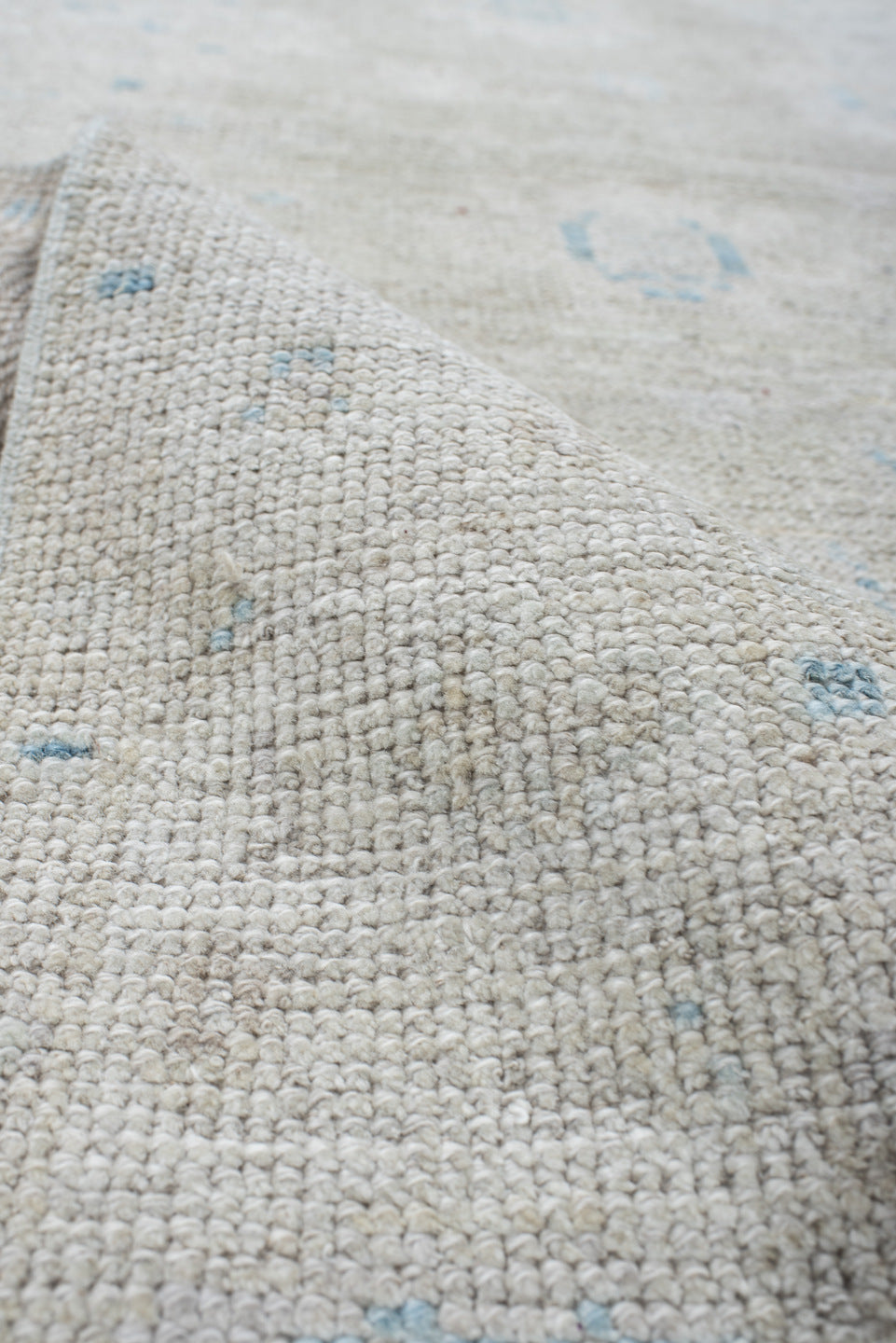 3' x 11' one-of-a-kind handmade antique Oushak runner rug. Color palette: ivory, pale blue, cream, taupe, light blue, beige