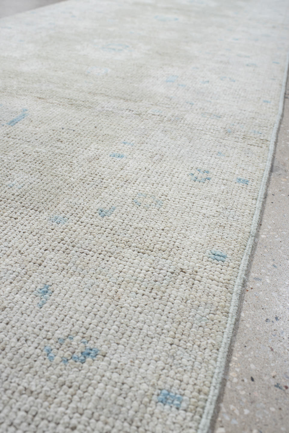 3' x 11' one-of-a-kind handmade antique Oushak runner rug. Color palette: ivory, pale blue, cream, taupe, light blue, beige