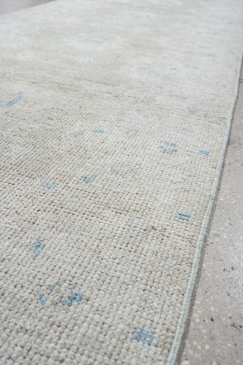 3' x 11' one-of-a-kind handmade antique Oushak runner rug. Color palette: ivory, pale blue, cream, taupe, light blue, beige