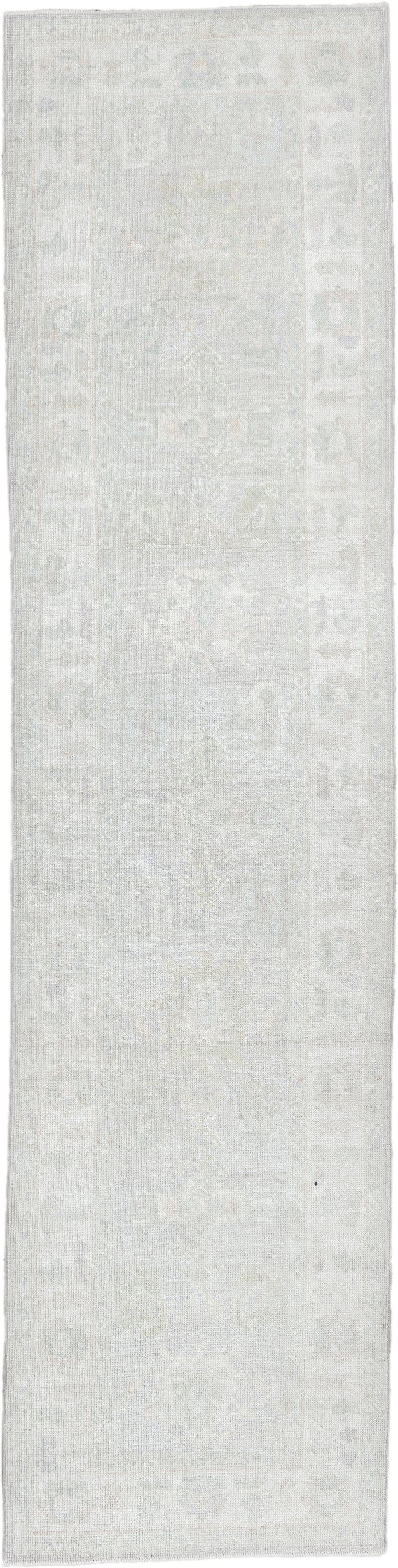 3' x 12' one-of-a-kind handmade antique Oushak runner rug. Color palette: ivory, pale gray, cream, taupe, light gray, beige