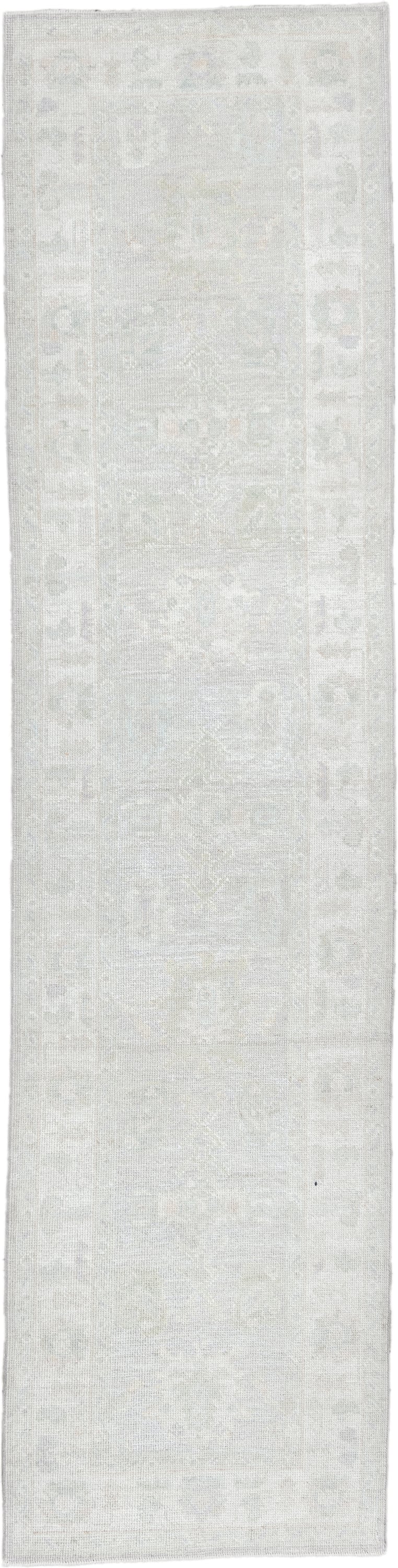 3' x 12' one-of-a-kind handmade antique Oushak runner rug. Color palette: ivory, pale gray, cream, taupe, light gray, beige