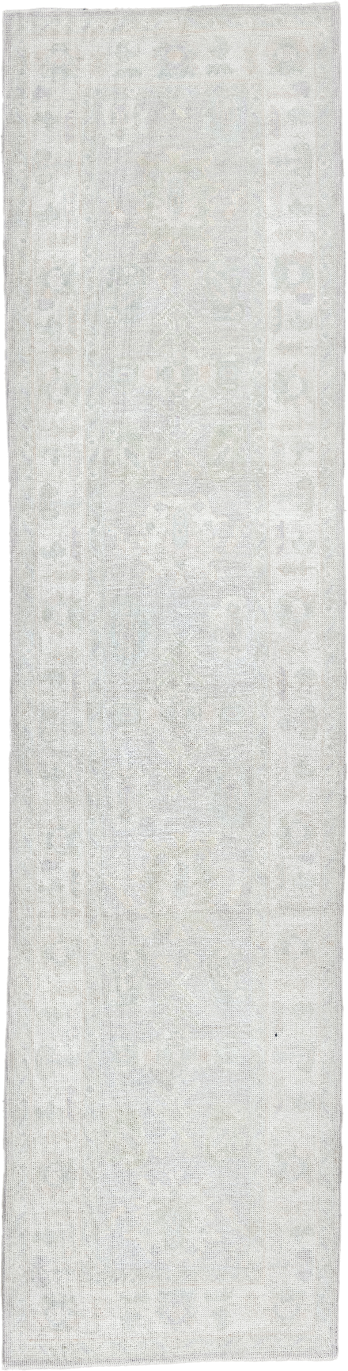 3' x 12' one-of-a-kind handmade antique Oushak runner rug. Color palette: ivory, pale gray, cream, taupe, light gray, beige