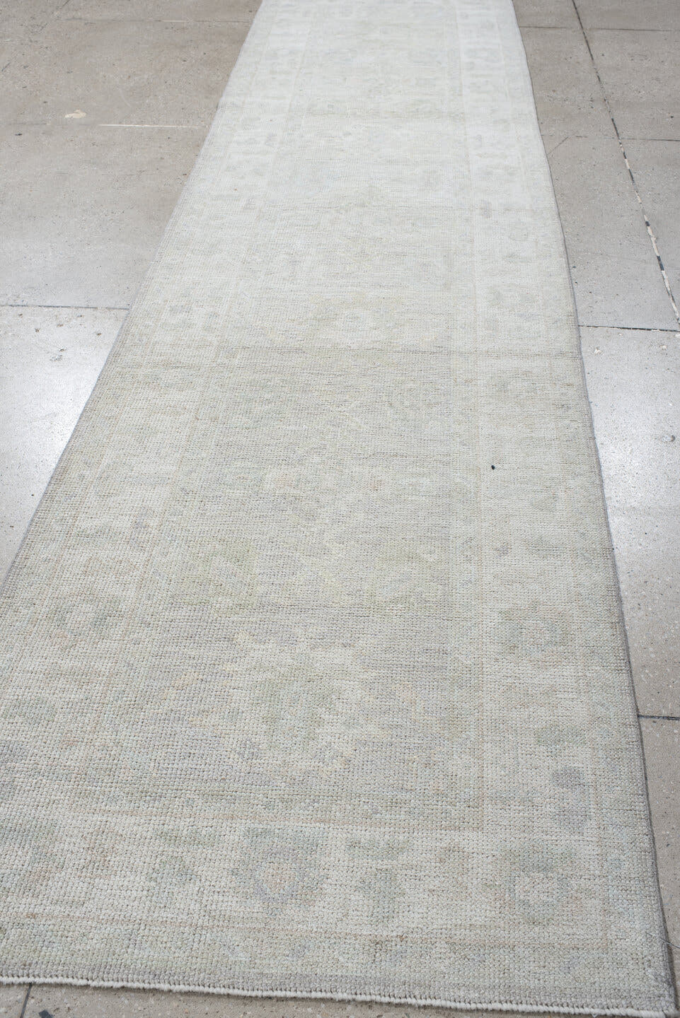 3' x 12' one-of-a-kind handmade antique Oushak runner rug. Color palette: ivory, pale gray, cream, taupe, light gray, beige