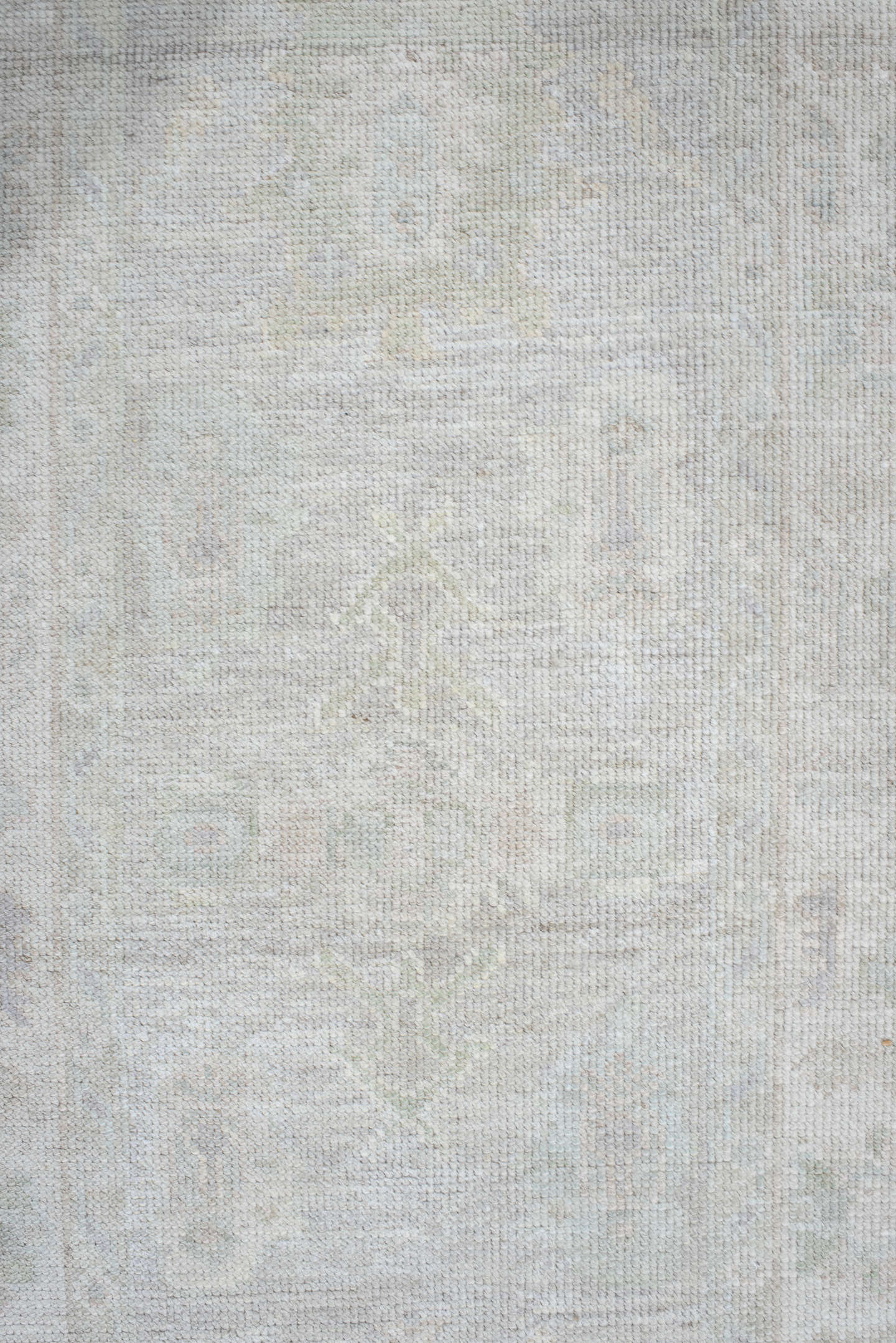 3' x 12' one-of-a-kind handmade antique Oushak runner rug. Color palette: ivory, pale gray, cream, taupe, light gray, beige