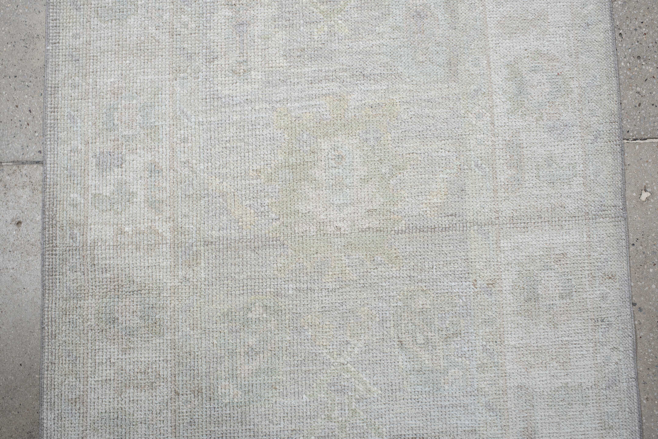 3' x 12' one-of-a-kind handmade antique Oushak runner rug. Color palette: ivory, pale gray, cream, taupe, light gray, beige