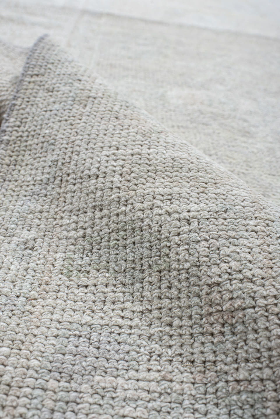 3' x 12' one-of-a-kind handmade antique Oushak runner rug. Color palette: ivory, pale gray, cream, taupe, light gray, beige