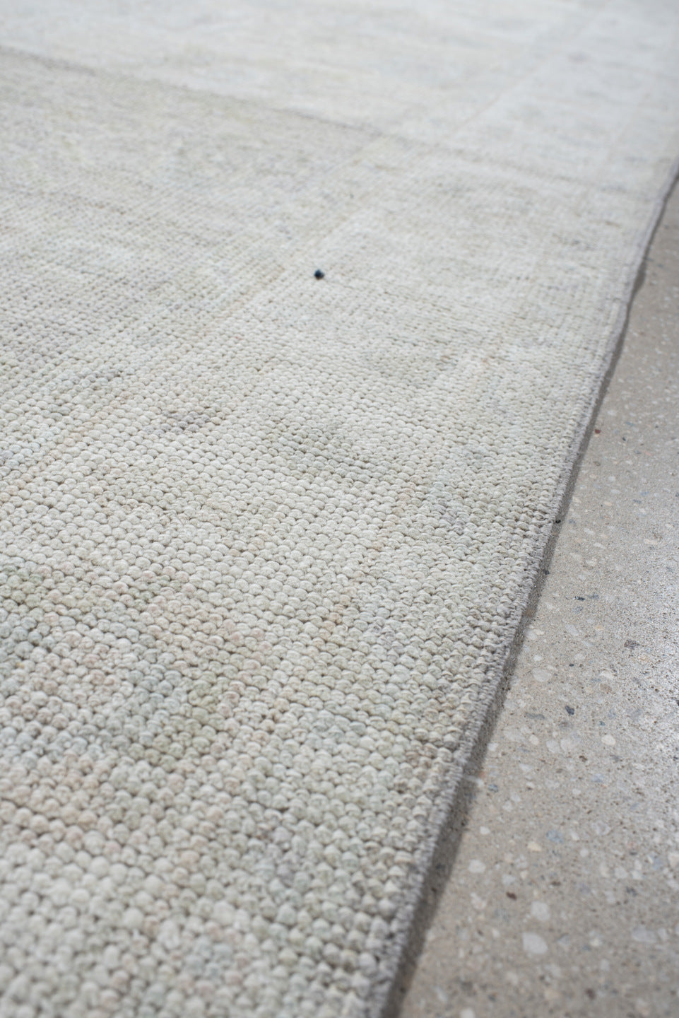 3' x 12' one-of-a-kind handmade antique Oushak runner rug. Color palette: ivory, pale gray, cream, taupe, light gray, beige