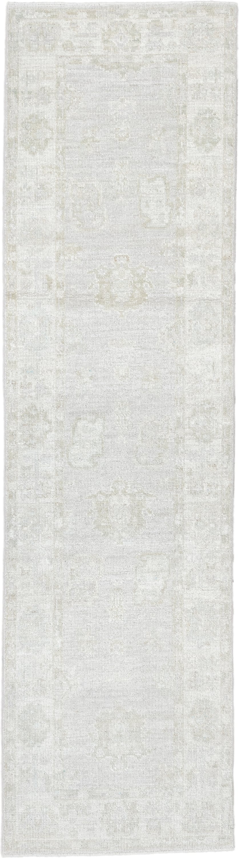 2' x 9' one-of-a-kind handmade antique Oushak runner rug. Color palette: ivory, cream, taupe, beige, pale sage, gray, green