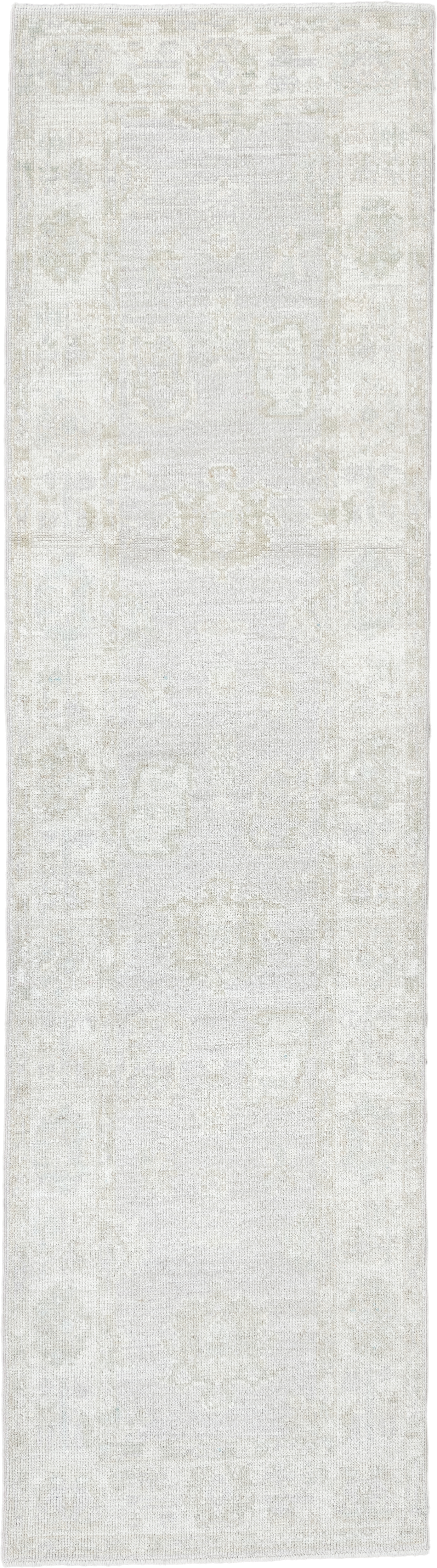 2' x 9' one-of-a-kind handmade antique Oushak runner rug. Color palette: ivory, cream, taupe, beige, pale sage, gray, green