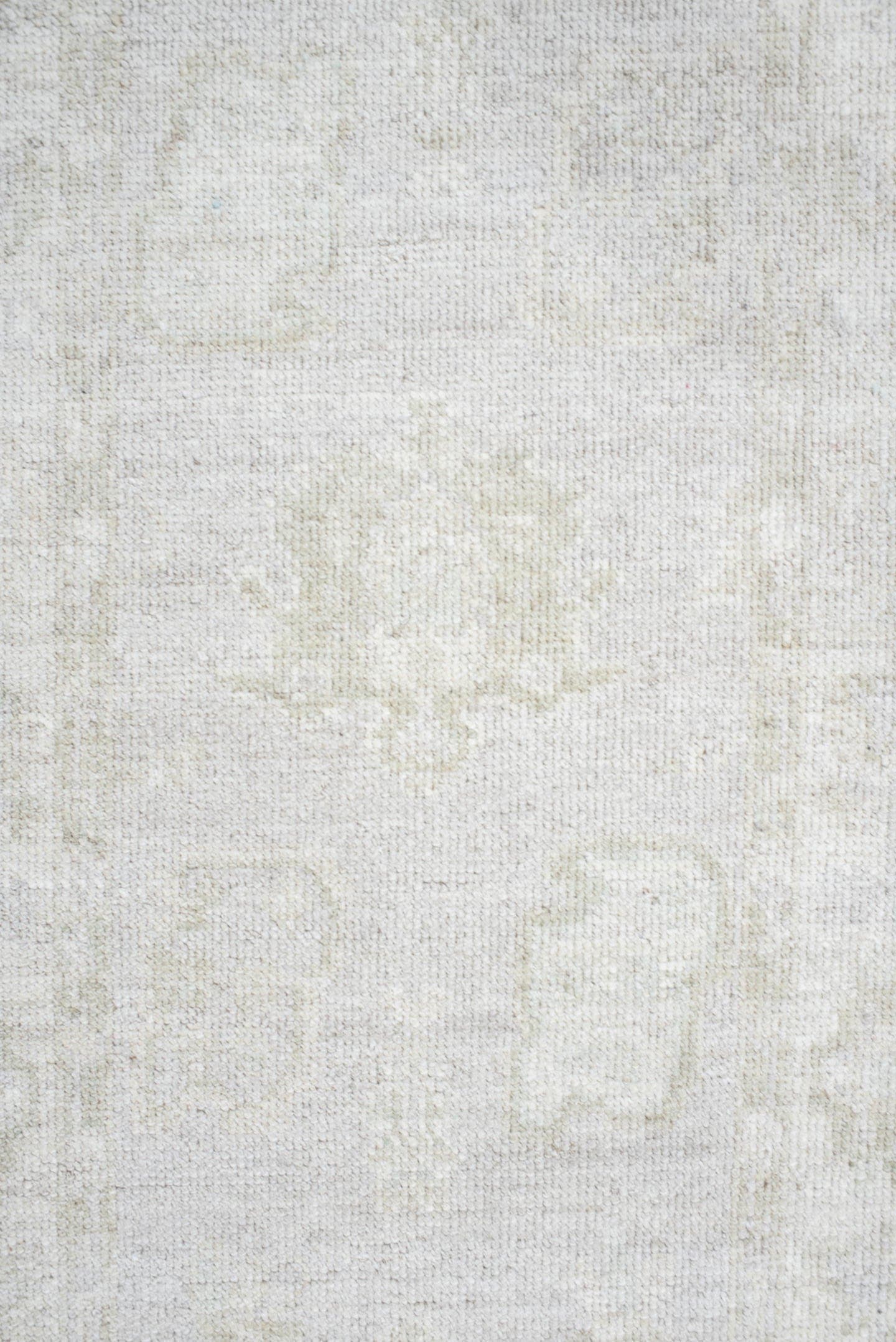 2' x 9' one-of-a-kind handmade antique Oushak runner rug. Color palette: ivory, cream, taupe, beige, pale sage, gray, green