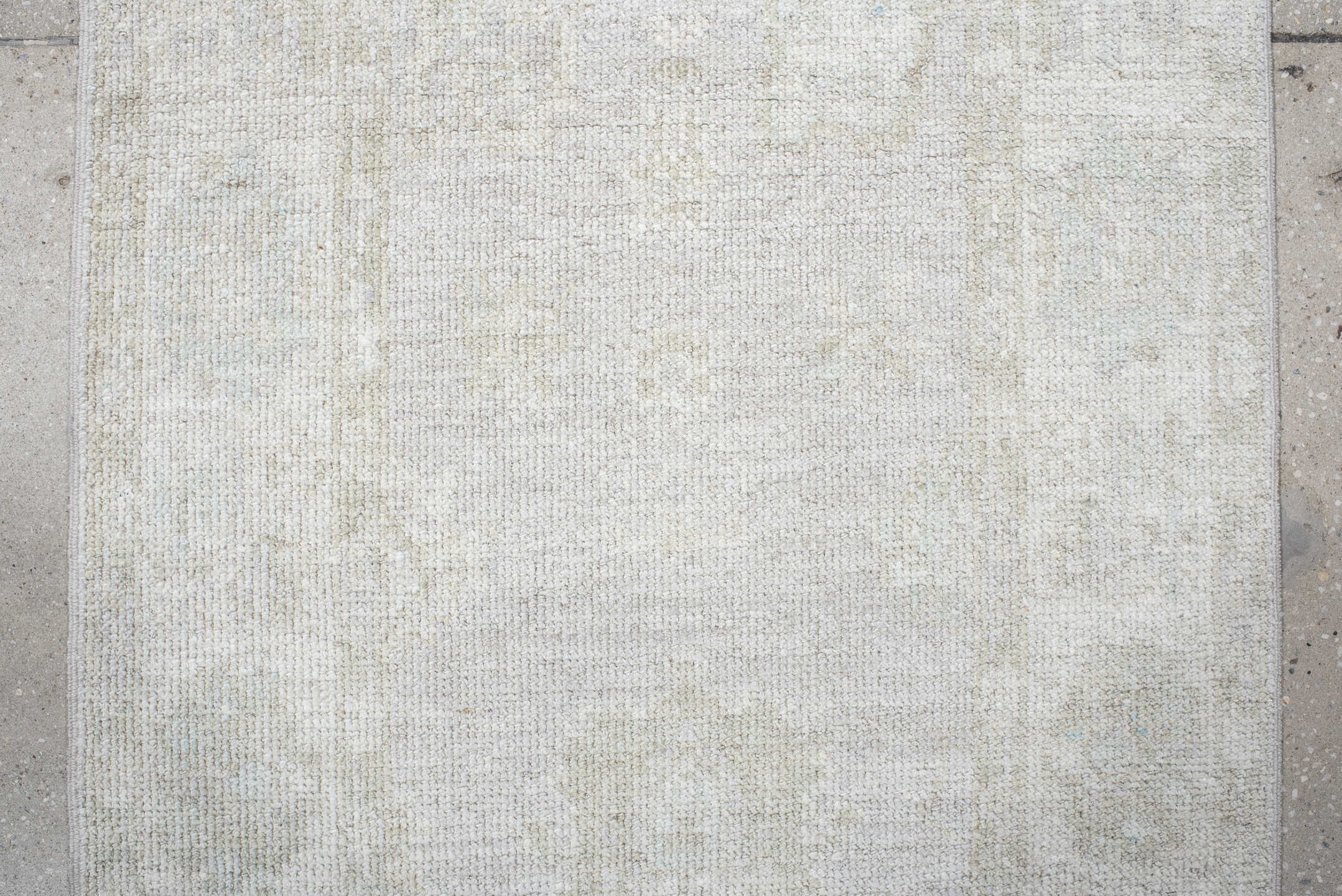 2' x 9' one-of-a-kind handmade antique Oushak runner rug. Color palette: ivory, cream, taupe, beige, pale sage, gray, green