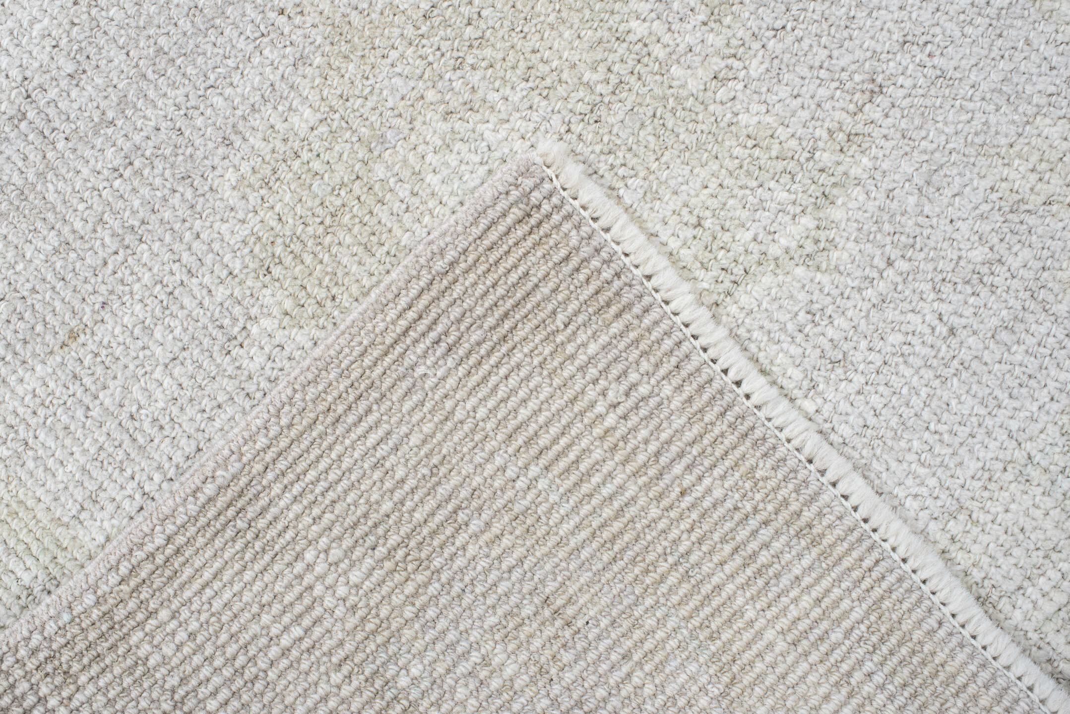 2' x 9' one-of-a-kind handmade antique Oushak runner rug. Color palette: ivory, cream, taupe, beige, pale sage, gray, green