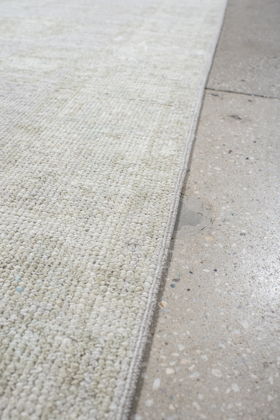 2' x 9' one-of-a-kind handmade antique Oushak runner rug. Color palette: ivory, cream, taupe, beige, pale sage, gray, green