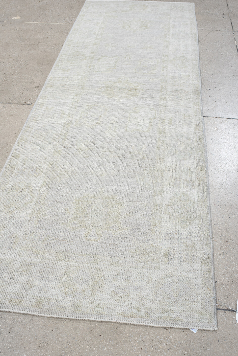 2' x 8' one-of-a-kind handmade vintage Oushak runner rug. Color palette: ivory, cream, taupe, beige, light gray, gray