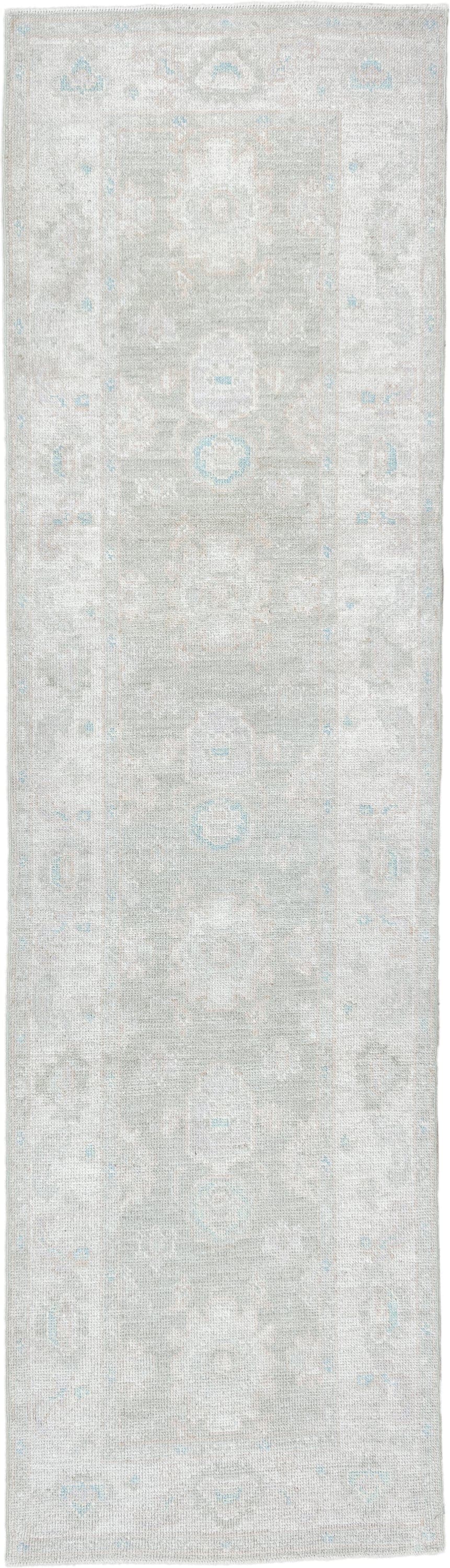 2' x 10' one-of-a-kind handmade vintage Oushak runner rug. Color palette: ivory, pale blue, cream, light gray, light blue