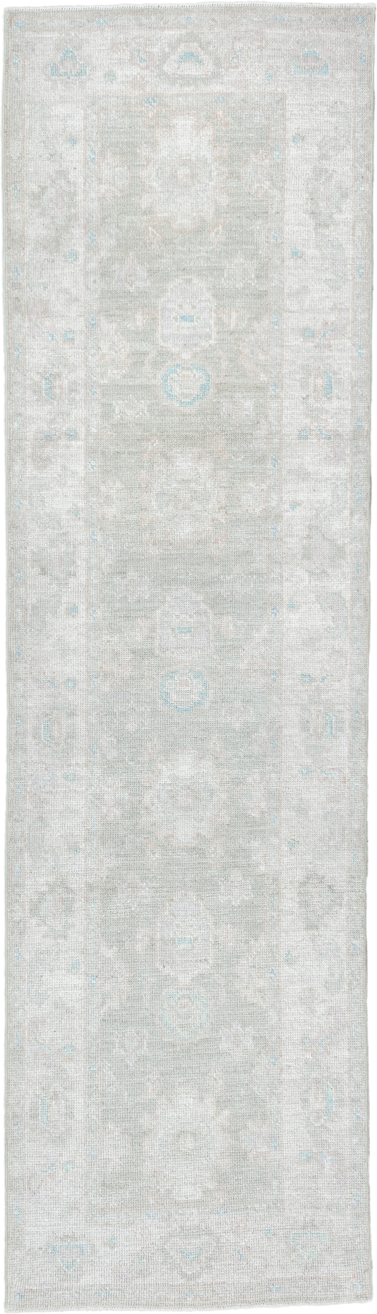 2' x 10' one-of-a-kind handmade vintage Oushak runner rug. Color palette: ivory, pale blue, cream, light gray, light blue
