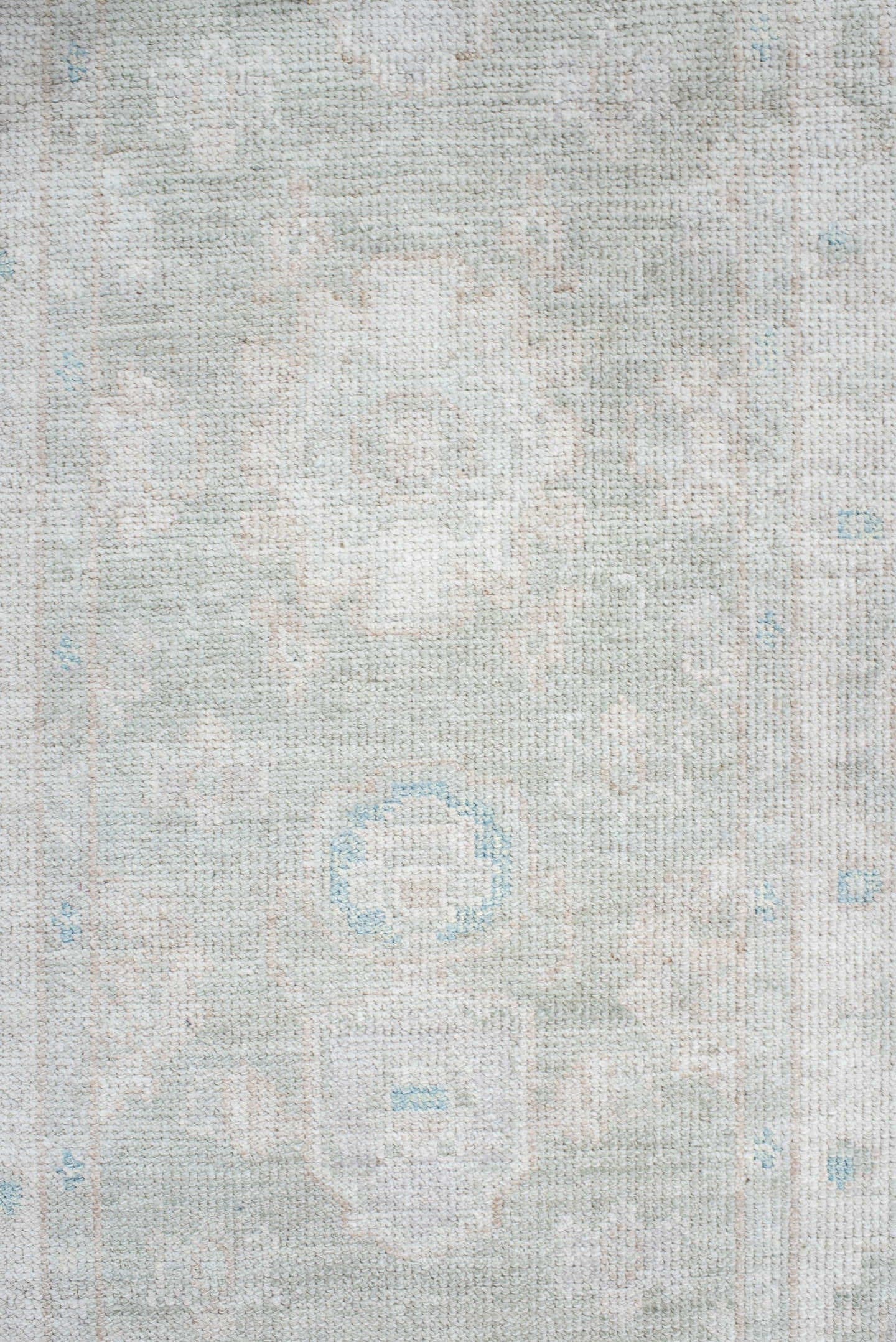 2' x 10' one-of-a-kind handmade vintage Oushak runner rug. Color palette: ivory, pale blue, cream, light gray, light blue