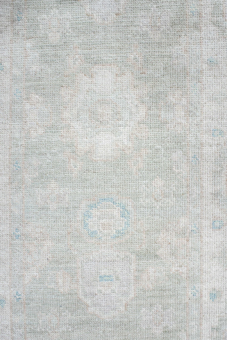 2' x 10' one-of-a-kind handmade vintage Oushak runner rug. Color palette: ivory, pale blue, cream, light gray, light blue