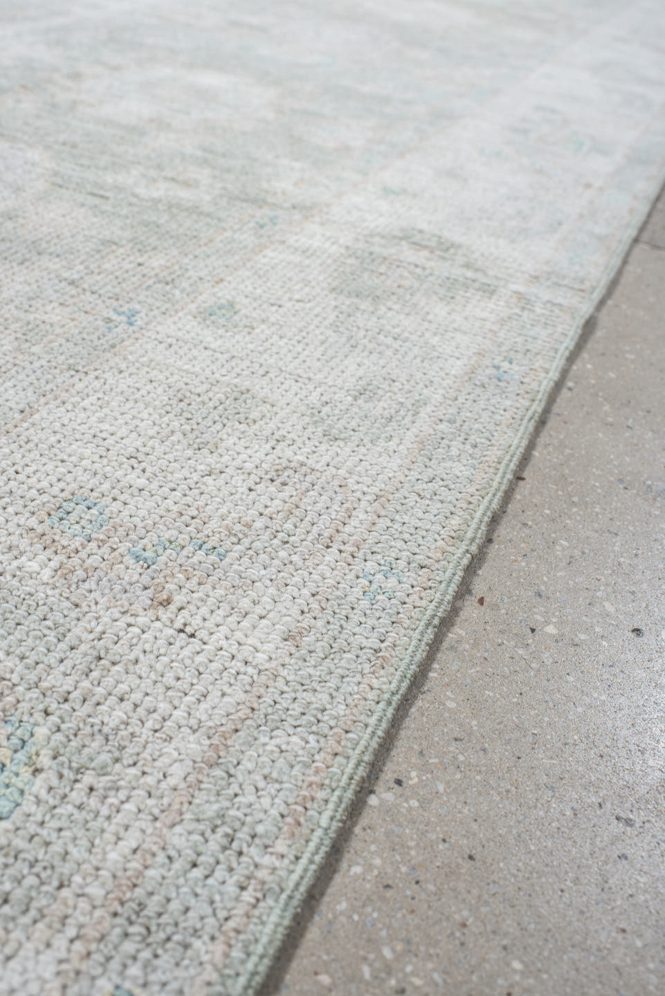 2' x 10' one-of-a-kind handmade vintage Oushak runner rug. Color palette: ivory, pale blue, cream, light gray, light blue