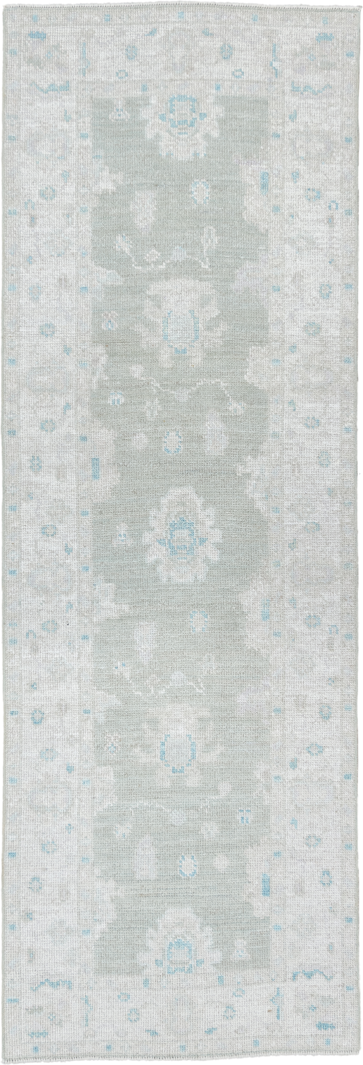 2' x 8' one-of-a-kind handmade vintage Oushak runner rug. Color palette: ivory, pale aqua, cream, light gray, teal