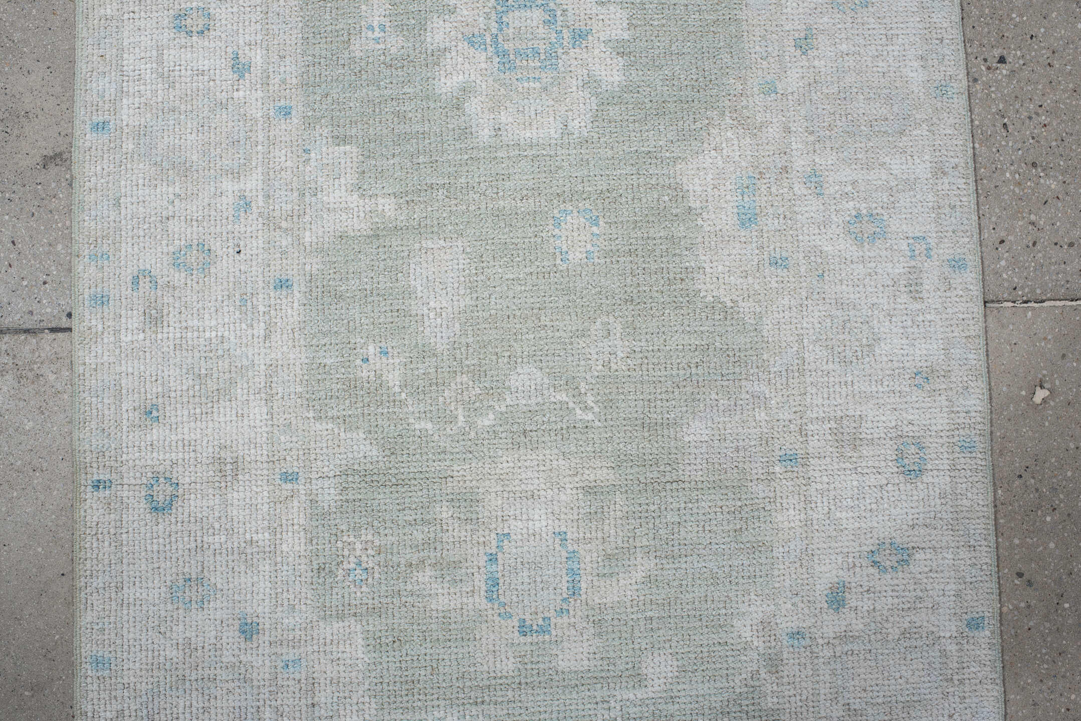 2' x 8' one-of-a-kind handmade vintage Oushak runner rug. Color palette: ivory, pale aqua, cream, light gray, teal