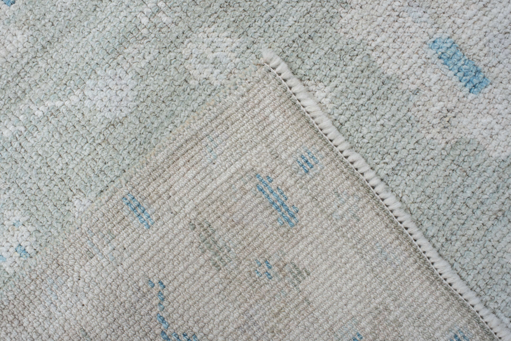 2' x 8' one-of-a-kind handmade vintage Oushak runner rug. Color palette: ivory, pale aqua, cream, light gray, teal