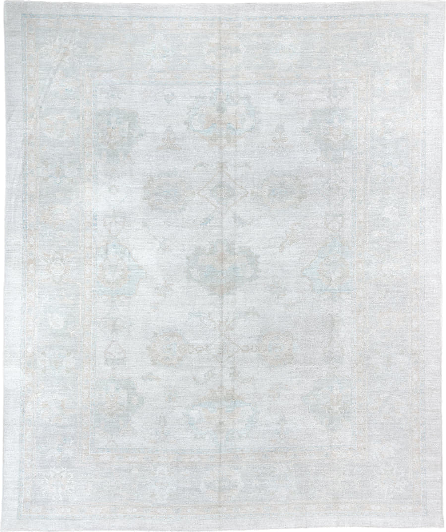 12' x 15' one-of-a-kind handmade vintage Oushak oversize rug. Color palette: ivory, pale blue, taupe, cream, sage