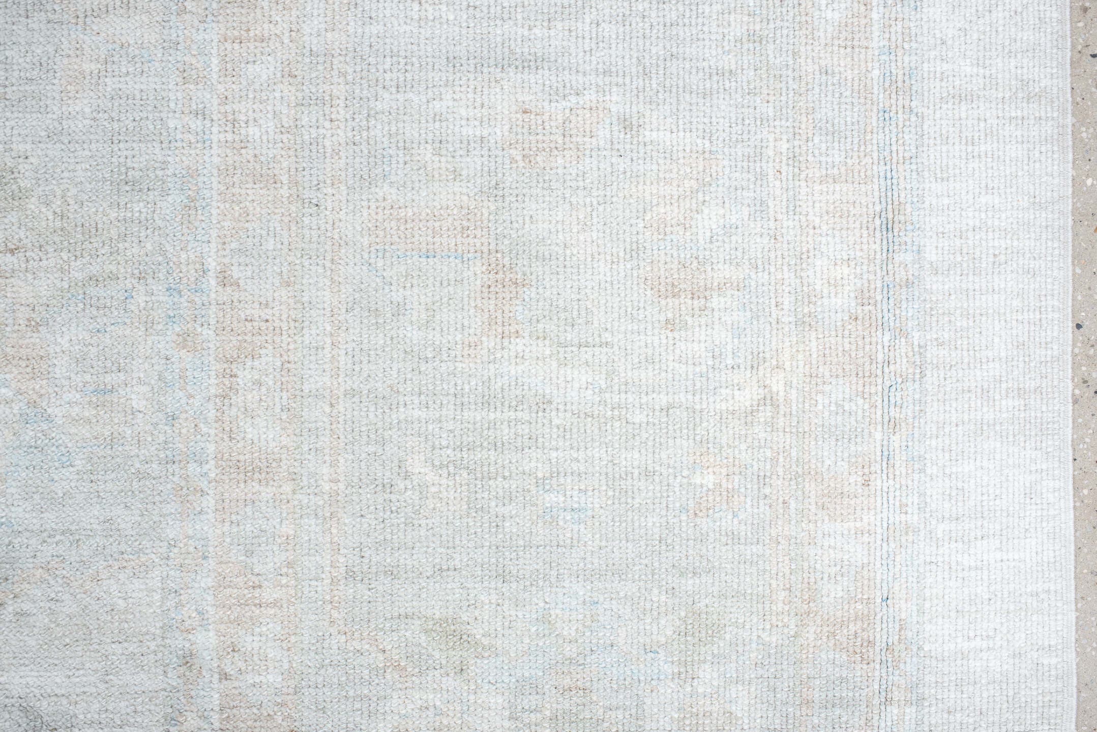12' x 15' one-of-a-kind handmade vintage Oushak oversize rug. Color palette: ivory, pale blue, taupe, cream, sage