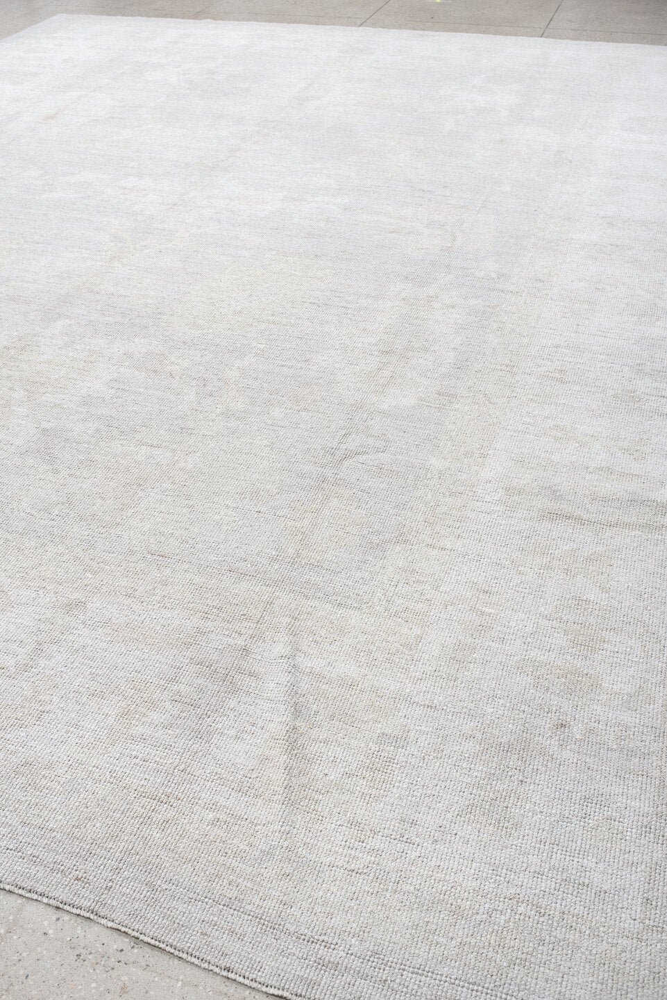12' x 14' one-of-a-kind handmade vintage Oushak oversize rug. Color palette: ivory, cream, taupe, beige, pale gray, gray