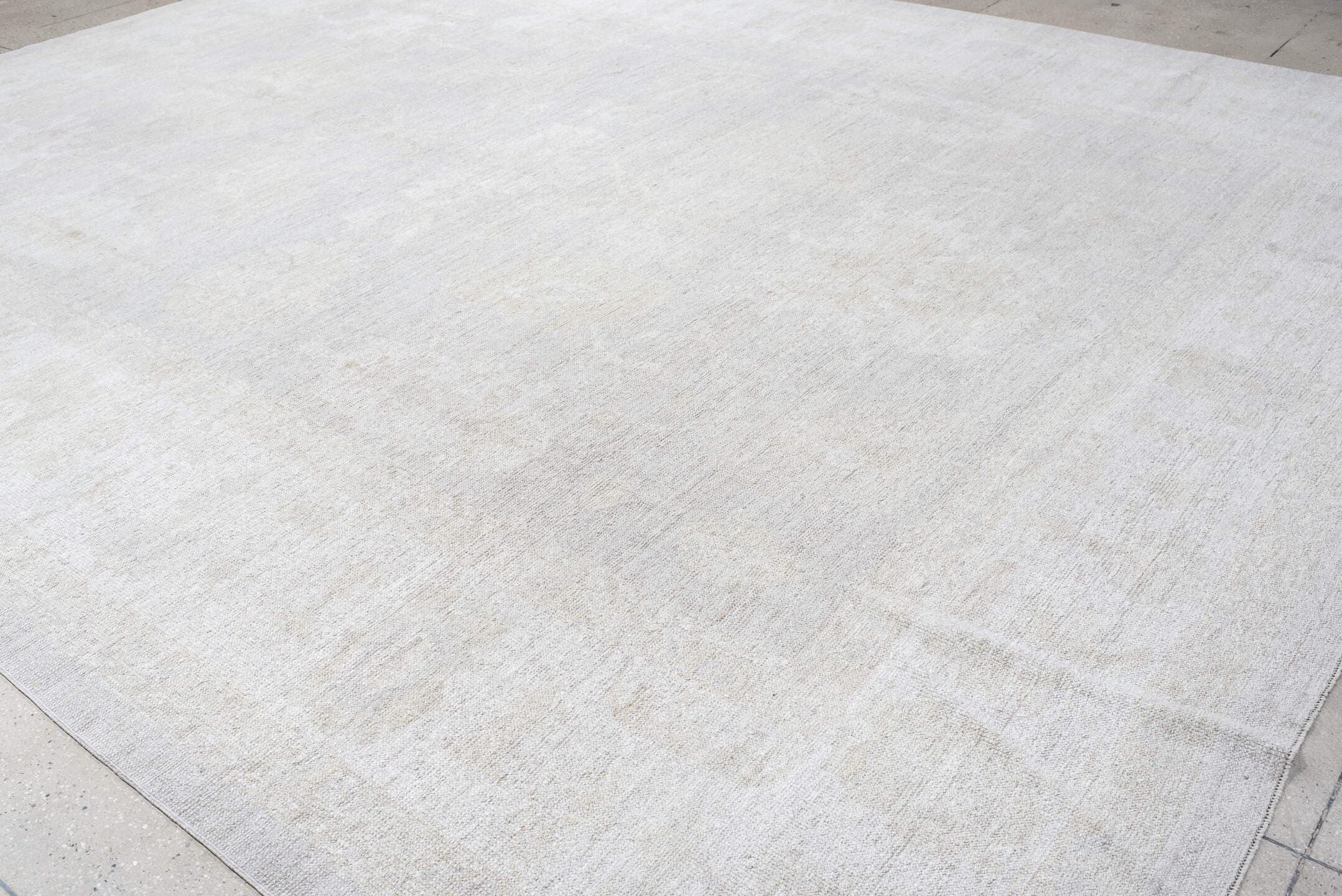 12' x 14' one-of-a-kind handmade vintage Oushak oversize rug. Color palette: ivory, cream, taupe, beige, pale gray, gray