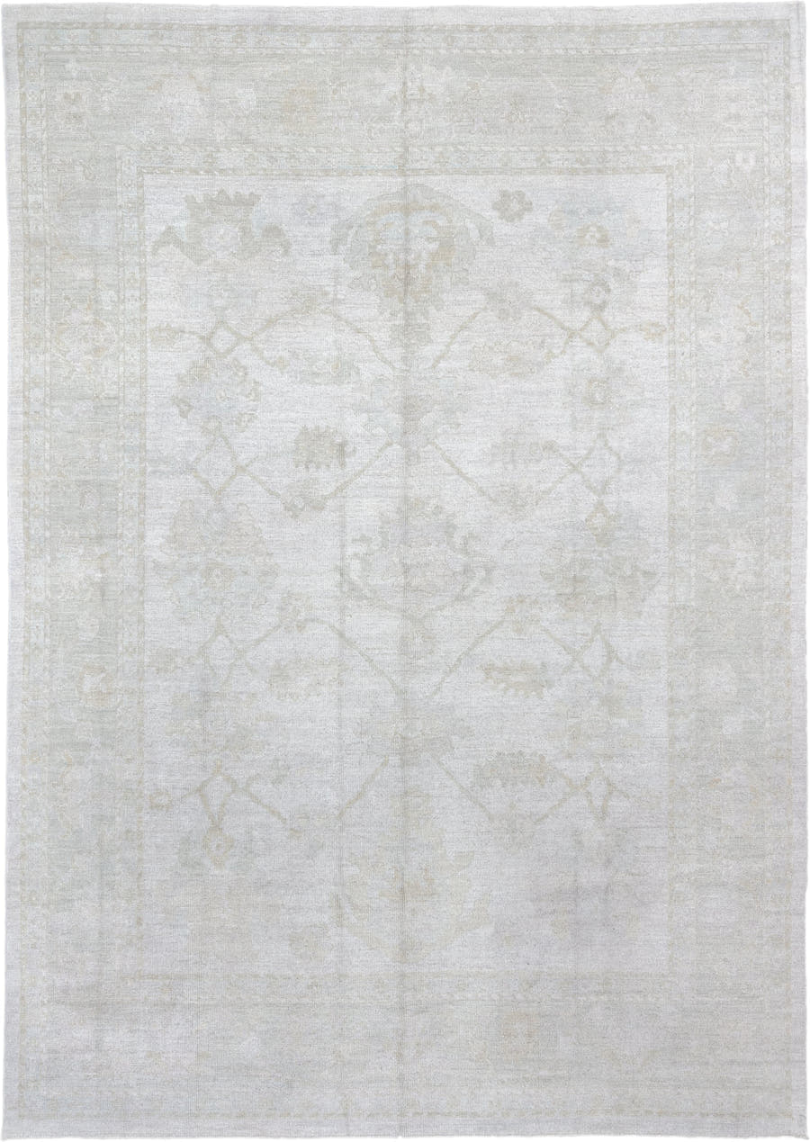 10' x 14' one-of-a-kind handmade vintage Oushak large size rug. Color palette: ivory, cream, taupe, beige, pale sage, gray