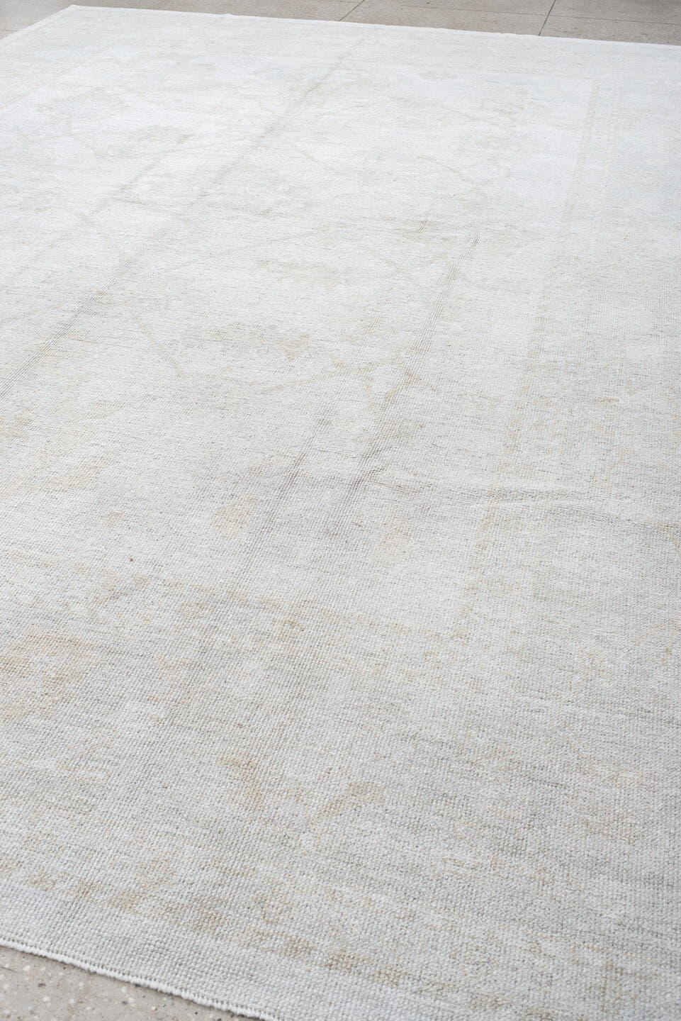 10' x 14' one-of-a-kind handmade vintage Oushak large size rug. Color palette: ivory, cream, taupe, beige, pale sage, gray