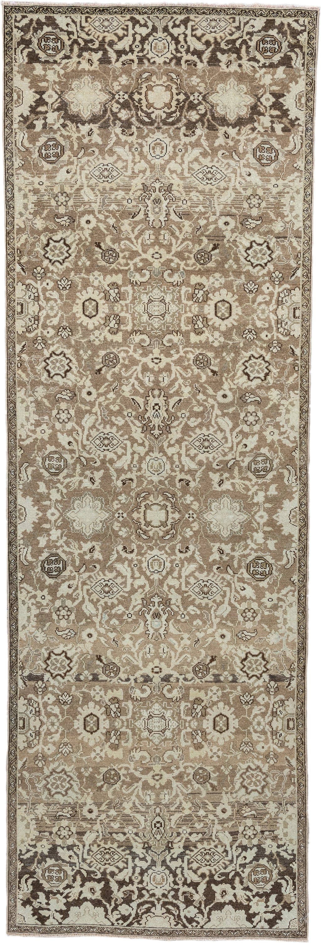 4' x 12' one-of-a-kind handmade antique Malayer runner rug. Color palette: taupe, ivory, brown, beige, camel, charcoal, gray