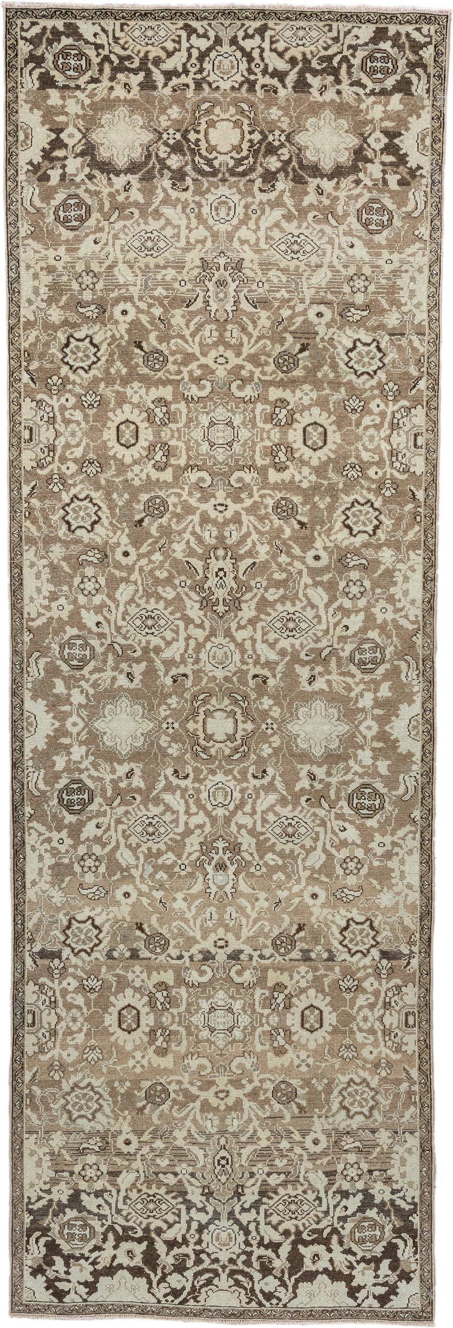 4' x 12' one-of-a-kind handmade antique Malayer runner rug. Color palette: taupe, ivory, brown, beige, camel, charcoal, gray