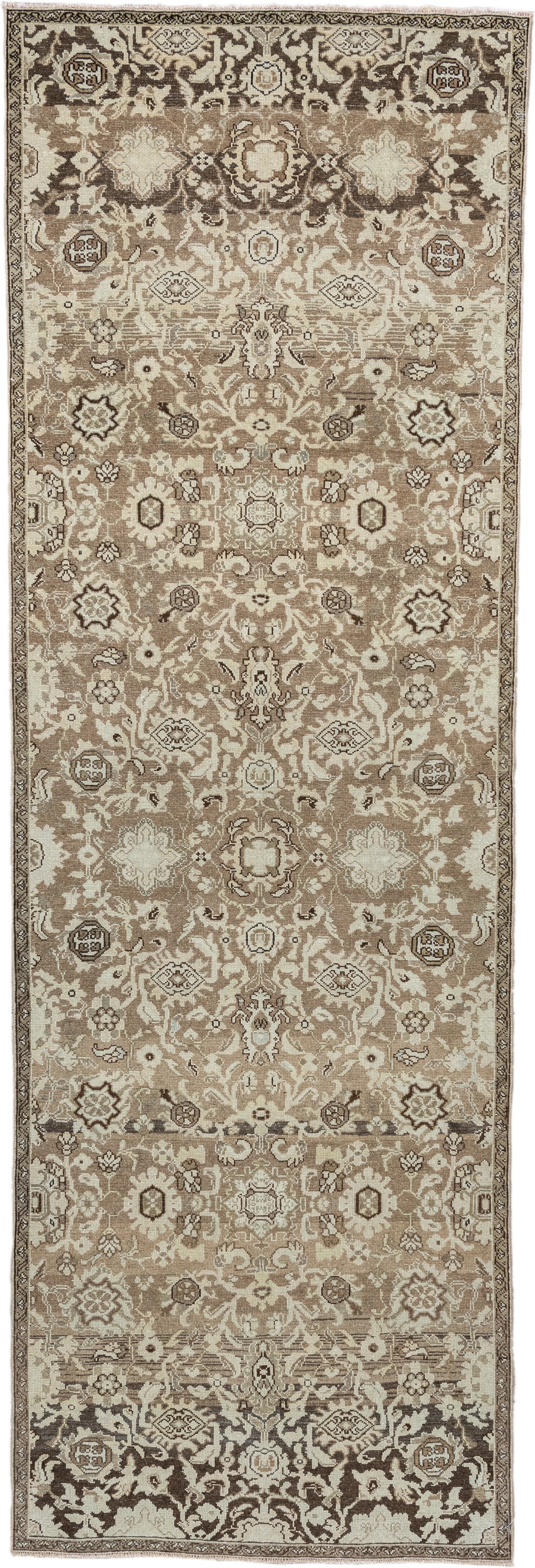 4' x 12' one-of-a-kind handmade antique Malayer runner rug. Color palette: taupe, ivory, brown, beige, camel, charcoal, gray