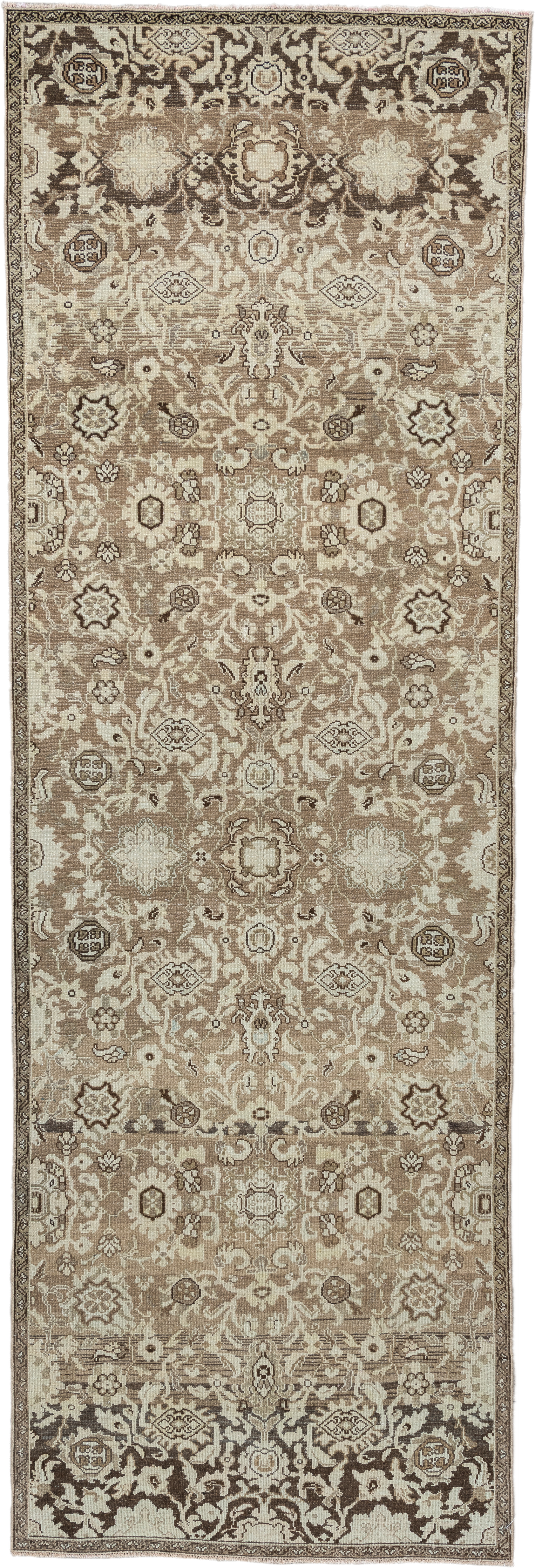 4' x 12' one-of-a-kind handmade antique Malayer runner rug. Color palette: taupe, ivory, brown, beige, camel, charcoal, gray