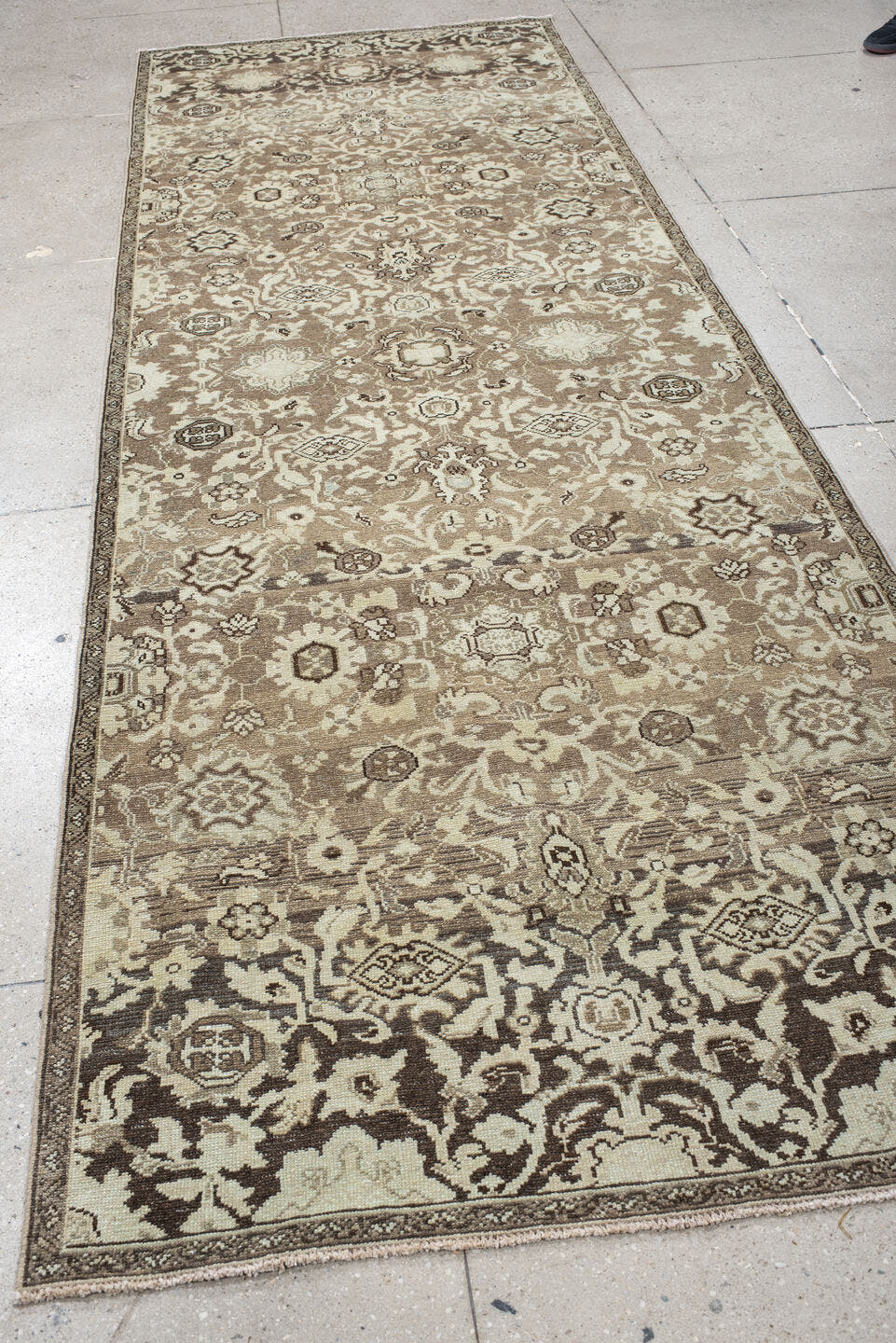 4' x 12' one-of-a-kind handmade antique Malayer runner rug. Color palette: taupe, ivory, brown, beige, camel, charcoal, gray