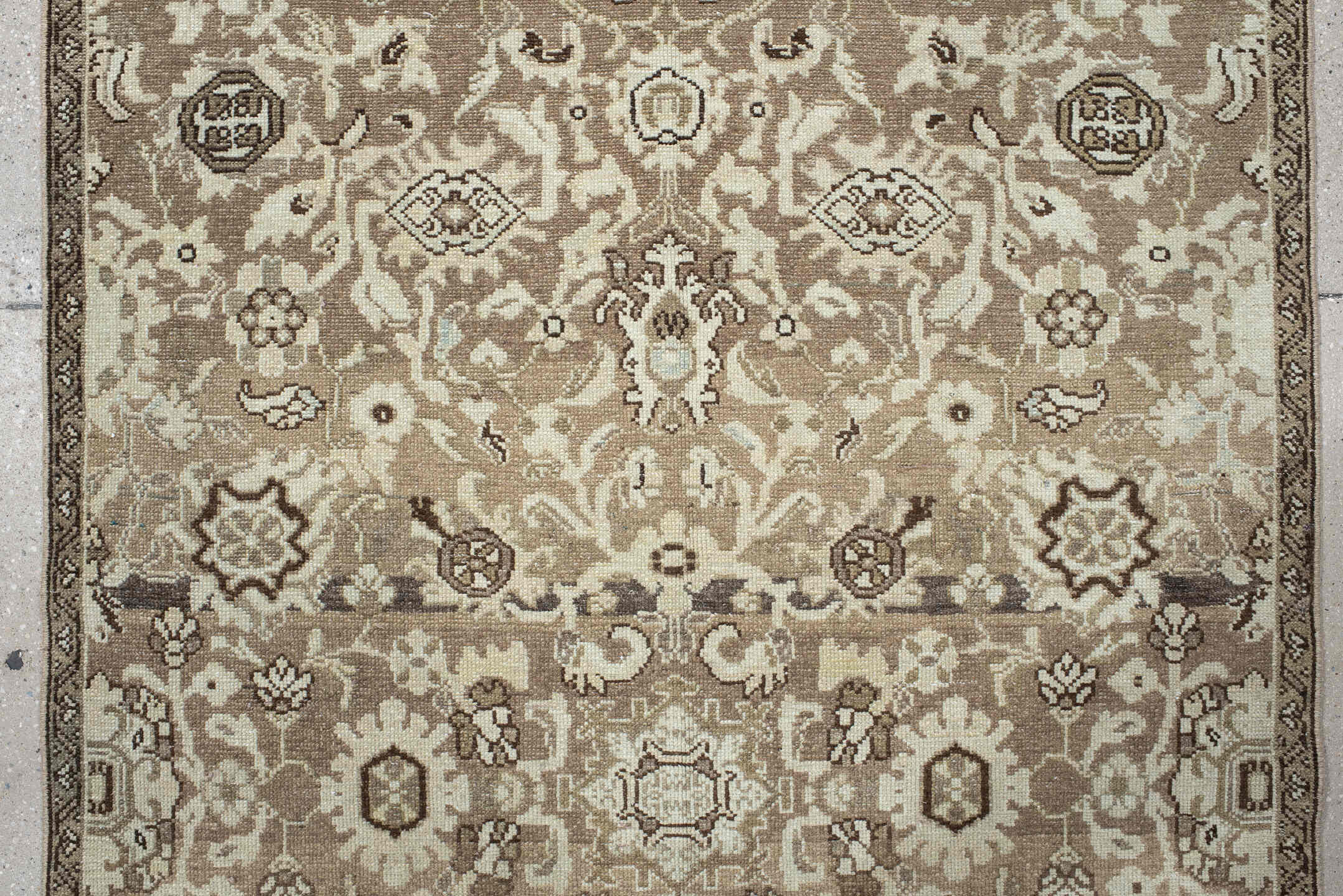 4' x 12' one-of-a-kind handmade antique Malayer runner rug. Color palette: taupe, ivory, brown, beige, camel, charcoal, gray